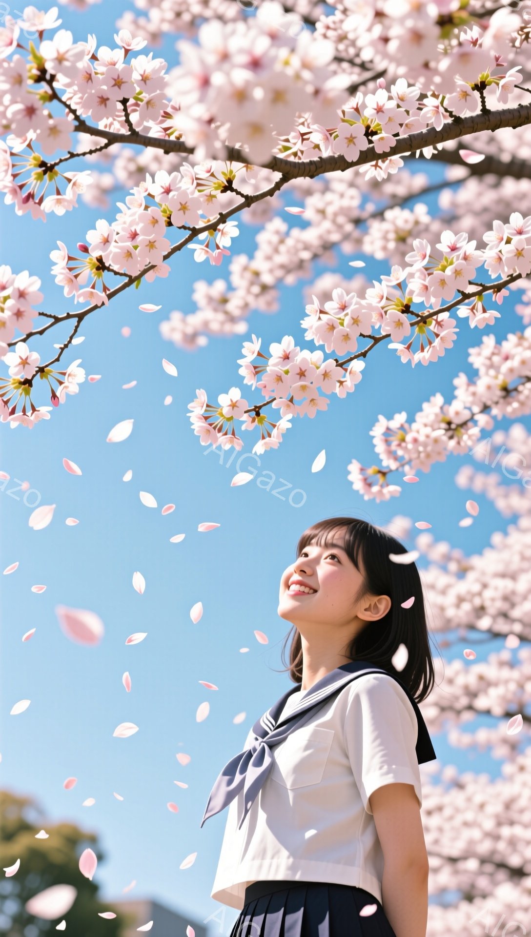 画像には、桜の花びらが舞う中で空を見上げる女子高生が写っています。彼女は白いブラウスに紺色のスカート、そしてネクタイとリボンを結んだ制服を着ており、黒髪を後ろで一つにまとめています。背景には桜の木が咲き誇り、青空が広がっており、春の暖かく穏やかな雰囲気が漂っています。