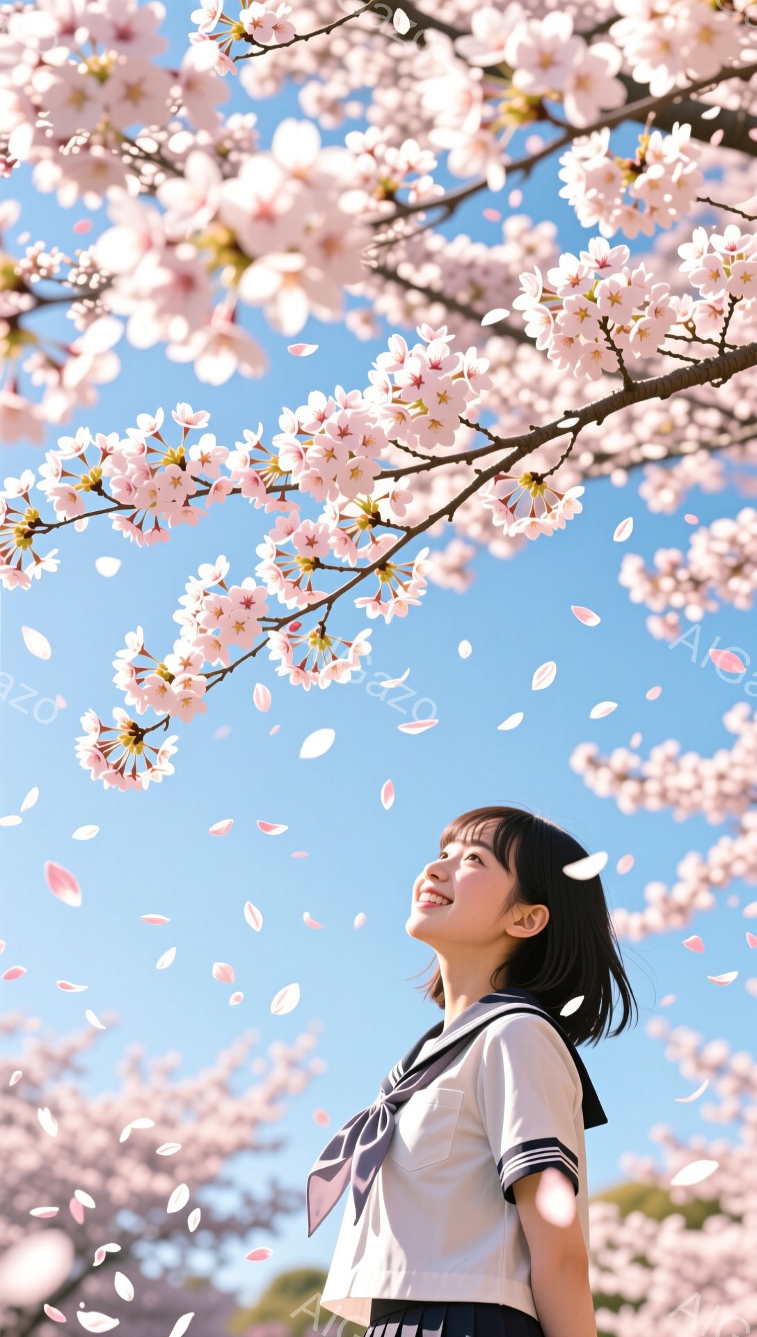 短い黒髪の女性が、制服姿で桜並木の真下で上を見上げています。彼女は微笑んでおり、舞い散る桜の花びらの中にいます。背景には、青空と満開の桜の木々が広がり、春の暖かく穏やかな雰囲気を醸し出しています。 - AI生成フリー素材