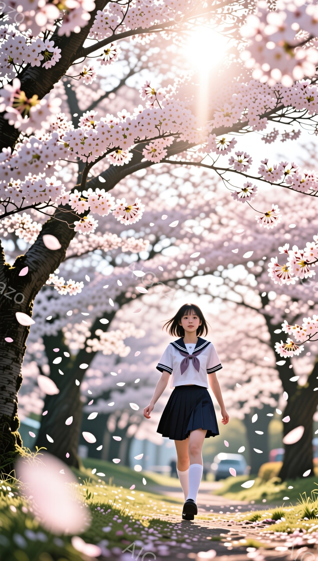 少女は制服姿で桜並木を歩いている。紺色のスカートと白いブラウス、そしてネクタイが印象的で、長い黒髪は肩のあたりで切り揃えられている。桜の花びらが舞い散る中で、少女は前を見据え、少し微笑んでいるように見 - AI生成フリー素材