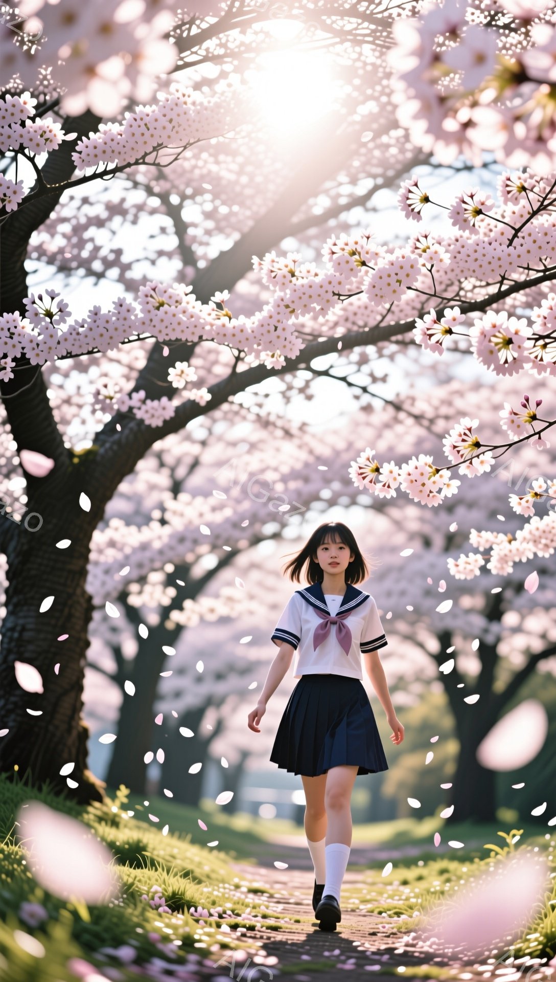 制服を着た若い女性が、桜の花びらが舞う道を歩いている。彼女は白いブラウスに濃い青色のスカート、白いソックスと黒い靴を履き、髪は肩までの長さで、前髪が少し見えるスタイル。彼女の表情は穏やかで、少し微笑ん - AI生成フリー素材