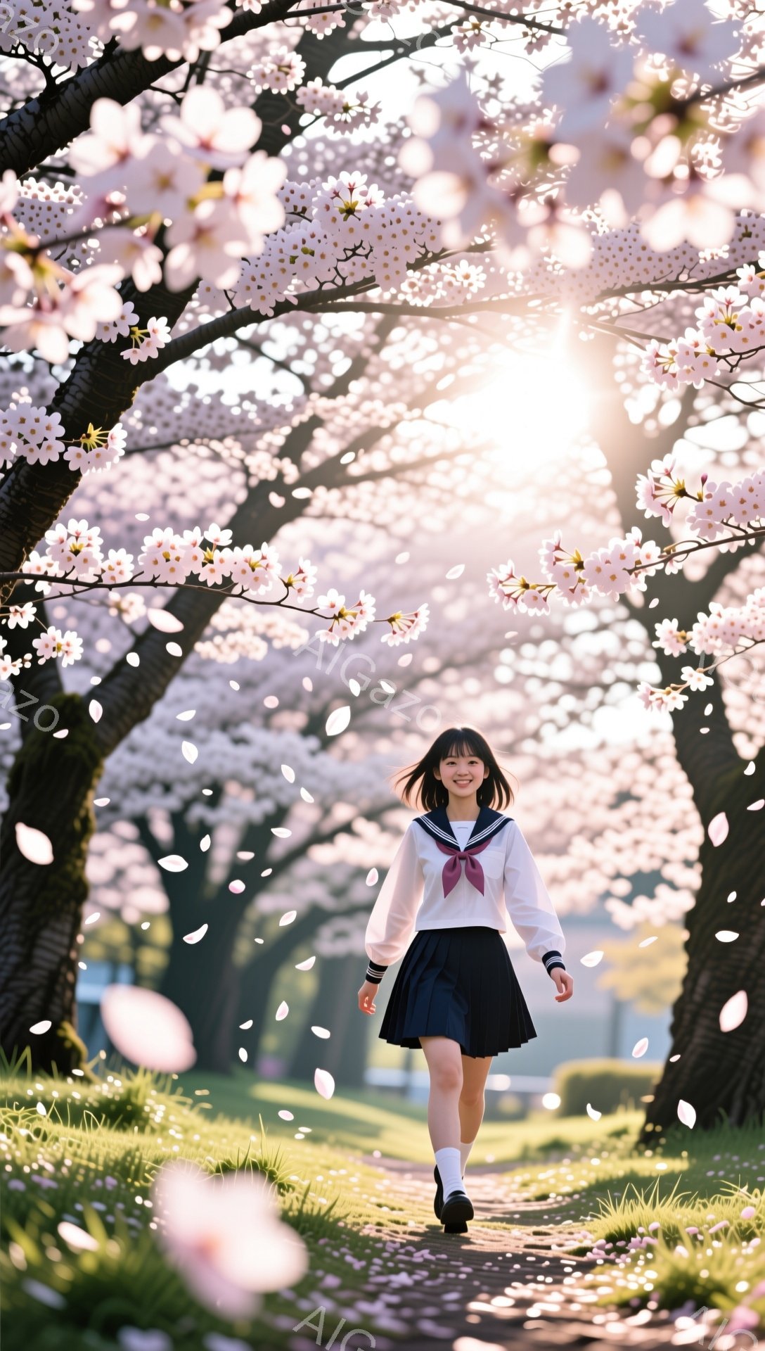 少女は桜並木の中を歩いており、白いブラウスと濃い紺色のスカートの制服を着ている。彼女は微笑んでおり、その表情は明るく、前向きだ。背景には満開の桜が咲き誇り、舞い散る花びらが幻想的な雰囲気を醸し出してい - AI生成フリー素材