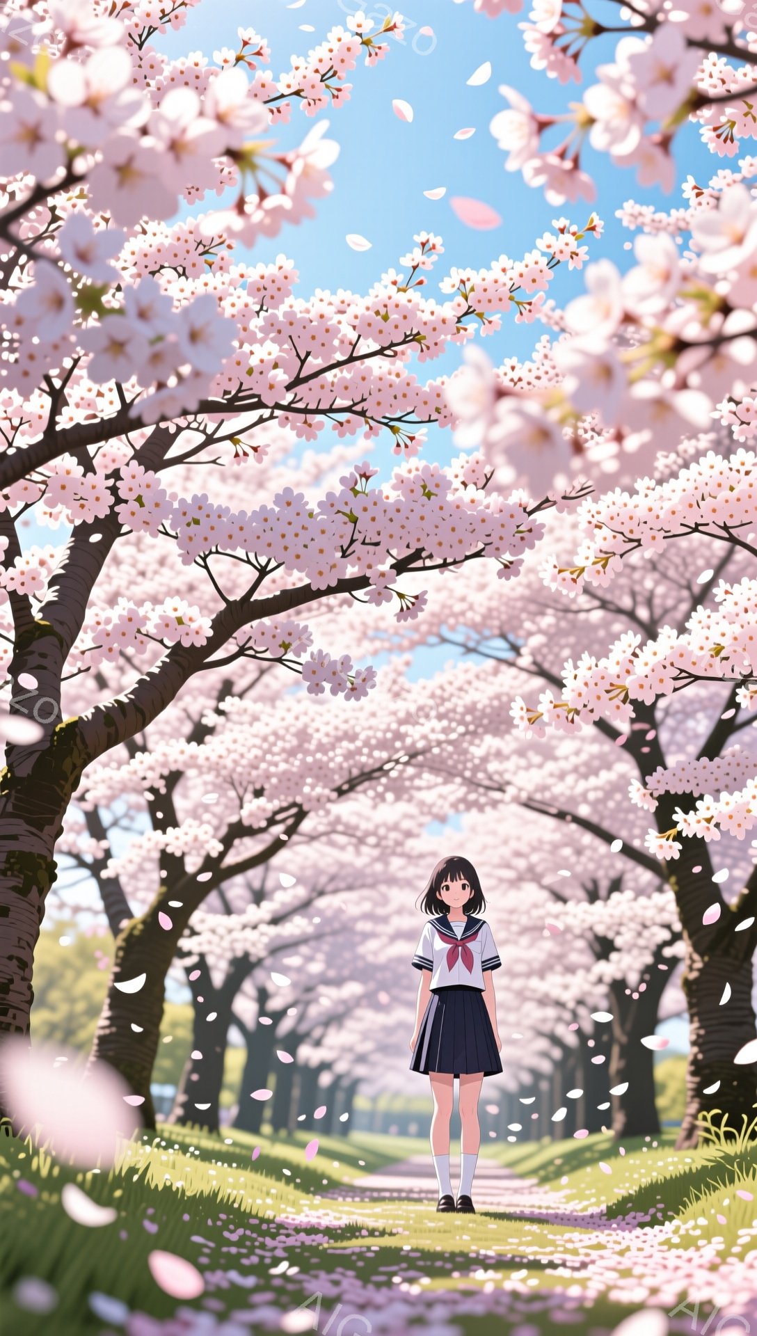 画像には、桜並木の中央を歩く女子高生が描かれています。彼女は紺色のブレザーに白いシャツ、赤いリボンを付けた制服を着ており、黒髪のショートボブにしています。背景は満開の桜並木で、ピンク色の花びらが舞い散っており、晴天で穏やかな春の日の雰囲気が漂っています。
