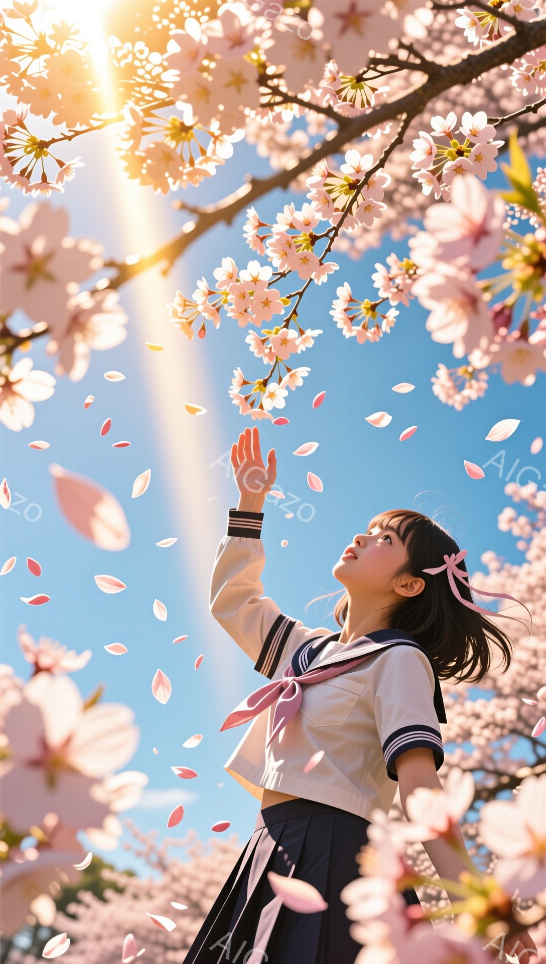 少女は桜の花びらが舞う中、空を見上げて右手を伸ばしています。紺色のセーラー服に赤いリボンを付け、髪は肩まで伸びており、一部をピンクのリボンで結んでいます。背景には満開の桜並木が広がり、太陽の光が差し込 - AI生成フリー素材