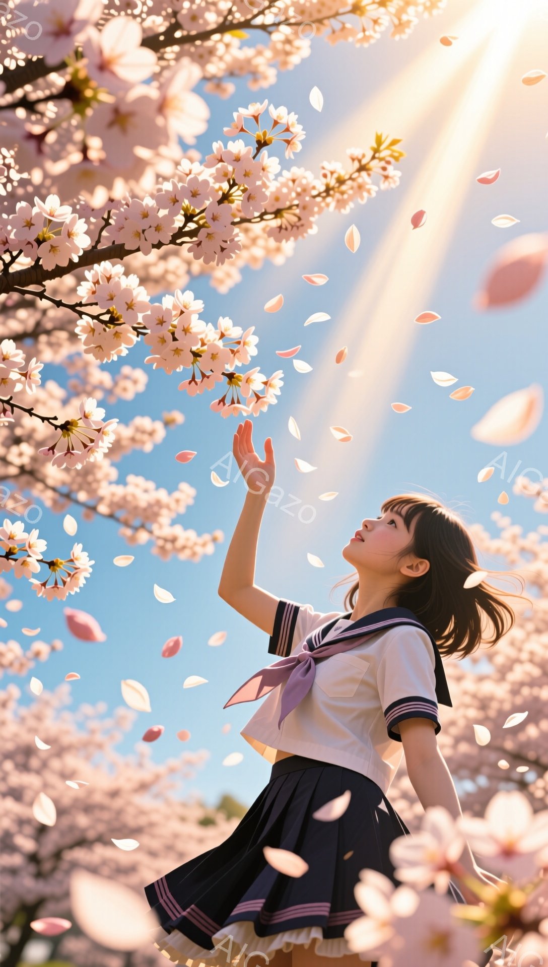 セーラー服を着た少女が、桜の花びらが舞う中、空を見上げて片手を伸ばしています。彼女は黒髪で、少し微笑んだ表情をしており、明るい太陽の光が背景の桜並木を照らし出しています。全体的に、春の暖かさと希望に満 - AI生成フリー素材