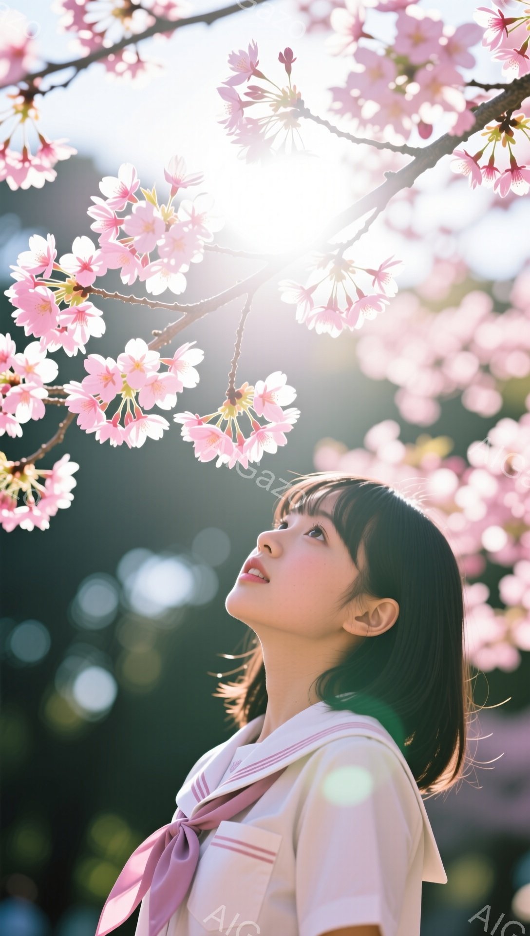 少女は制服を着て、桜の木の下で空を見上げています。彼女は短い黒髪で、顔は少し上向きで、穏やかな表情をしています。背景には、満開の桜の花が咲き乱れ、柔らかな光が差し込み、春の暖かくロマンチックな雰囲気を - AI生成フリー素材