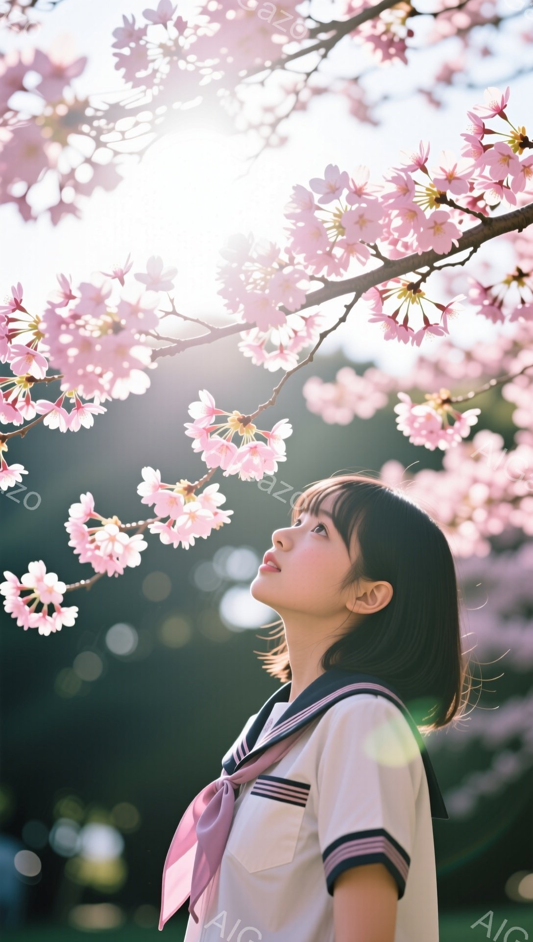 短い黒髪の女性が、桜の花びらが舞う中、空を見上げています。彼女は白いセーラー服を着ており、ピンク色のリボンがアクセントになっています。背景にはぼやけた桜並木が広がり、春の暖かく優しい雰囲気が漂っていま - AI生成フリー素材
