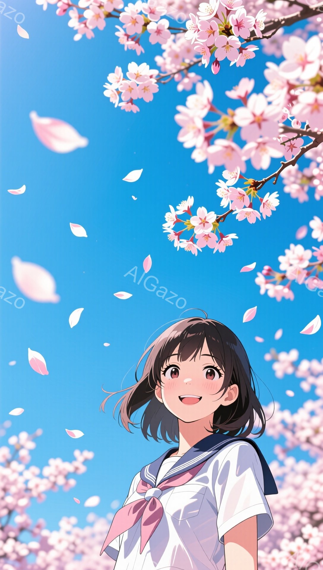 短い黒髪の少女が、桜が咲き乱れる青空の下を見上げている。制服姿で、首にはピンクのリボン、表情は笑顔で、春の暖かさと希望に満ち溢れている。背景には、満開の桜の木々と、舞い散る桜の花びらが描かれ、明るく華 - AI生成フリー素材