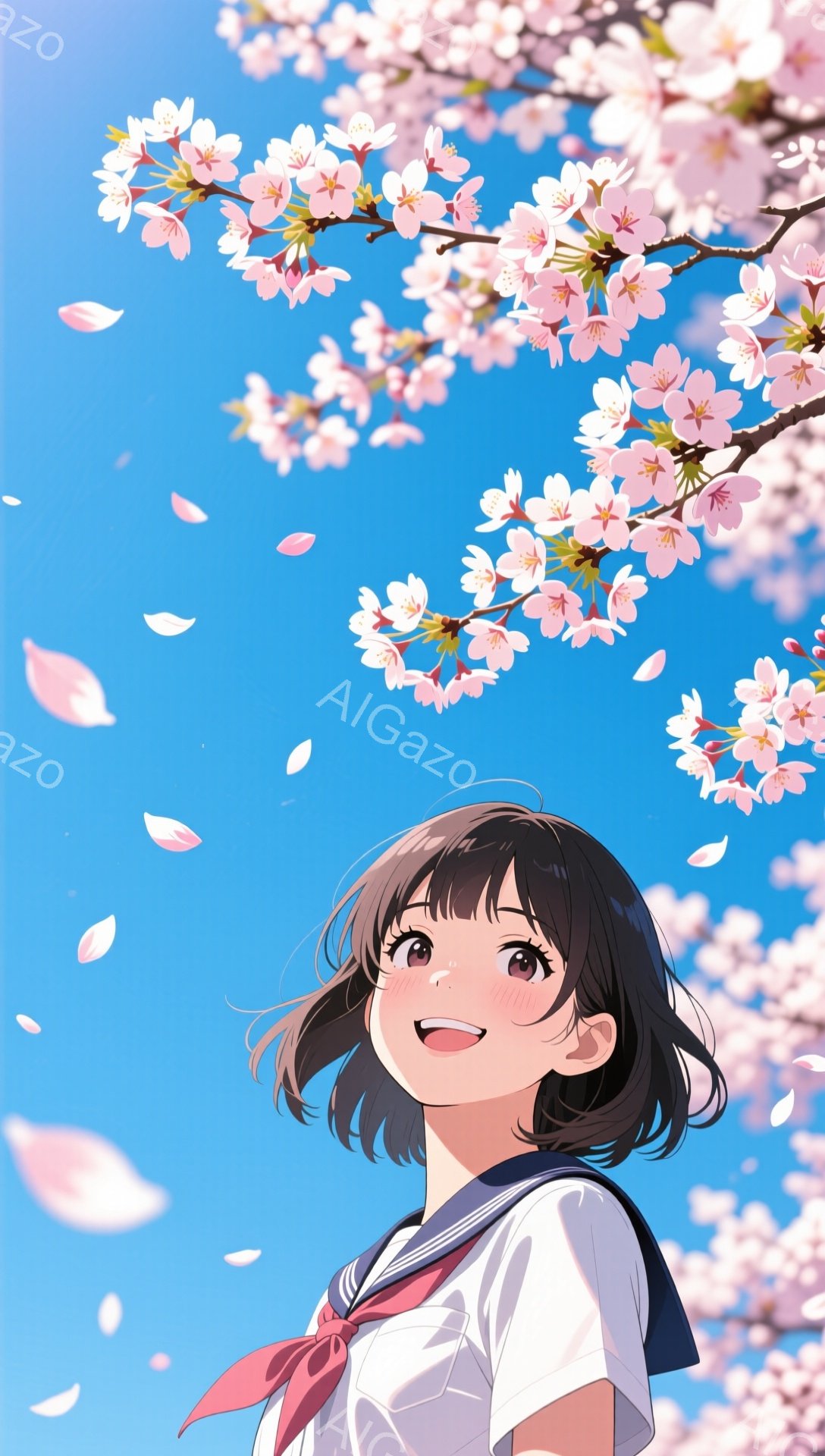 短い黒髪の少女が、制服姿で青空を見上げています。彼女は微笑んでおり、頬は少し赤らんでいます。背景には、満開の桜の木と舞い散る桜の花びらが広がり、春の暖かく穏やかな雰囲気を醸し出しています。 - AI生成フリー素材