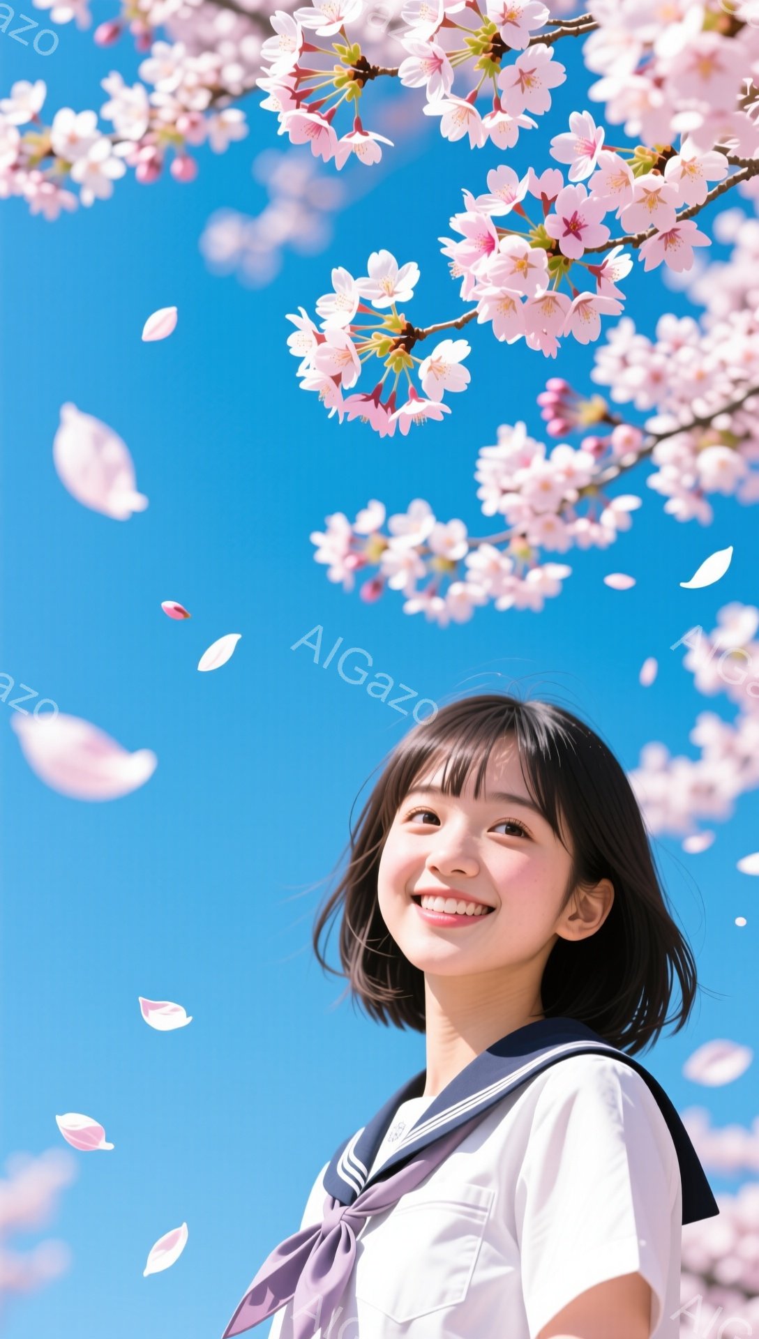 茶髪のボブヘアに微笑む若い女性が、桜の花びらが舞う青空の下に立っています。彼女はセーラー服を着ており、姿勢はまっすぐで、少し上を見上げています。背景には、満開の桜の木々と鮮やかな青空が広がっており、春の暖かく明るい雰囲気が漂っています。
