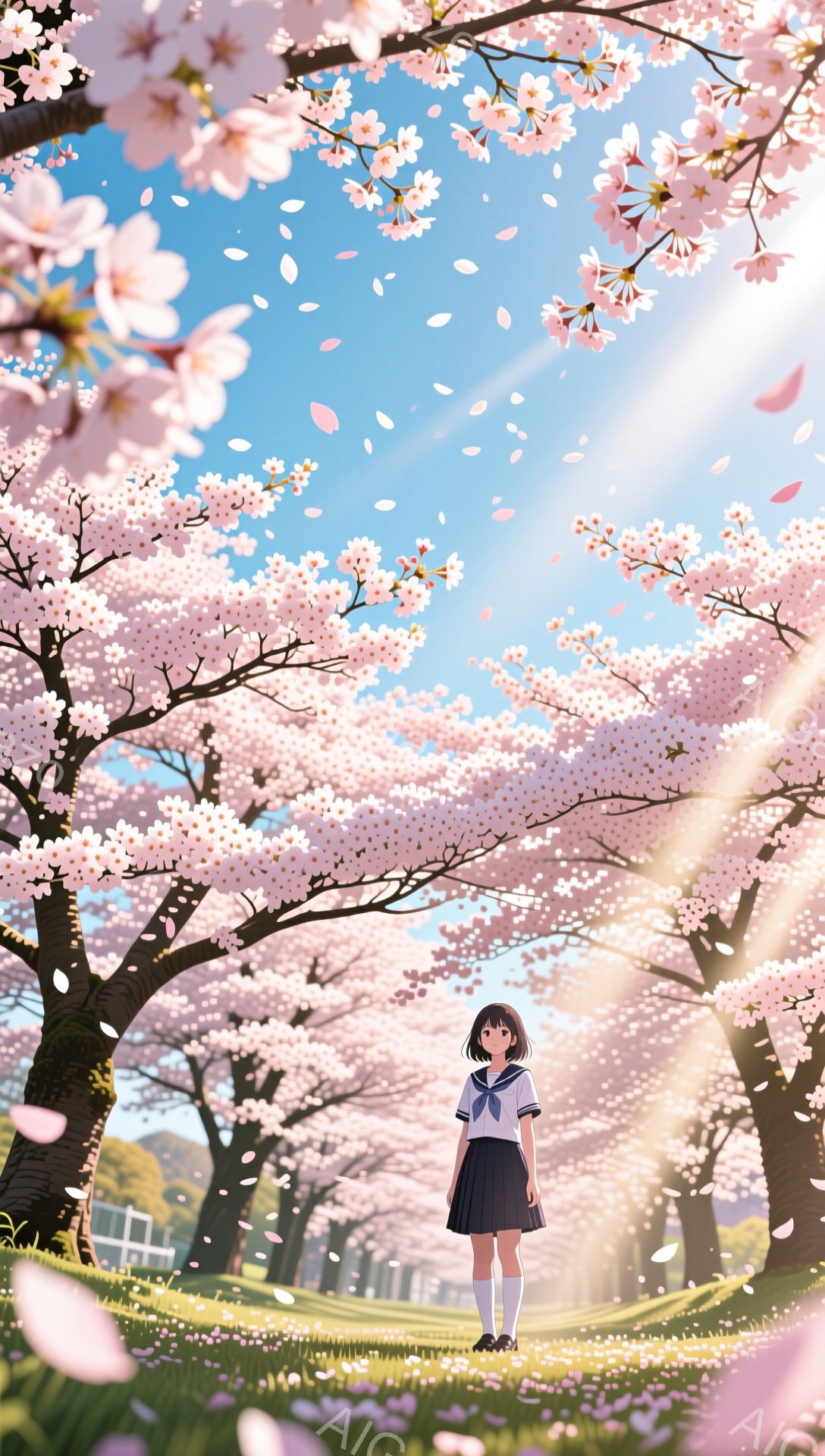 明るい日差しの下、桜並木の中に立つ女子学生が描かれています。彼女は紺色のブレザー、白いスカート、白いソックス、黒いローファーを身につけ、髪は短くダークブラウンで、前髪が少しあります。桜の花びらが舞い散る中で、彼女はまっすぐ前を見て立ち、どこか物思いにふけっているような表情をしています。