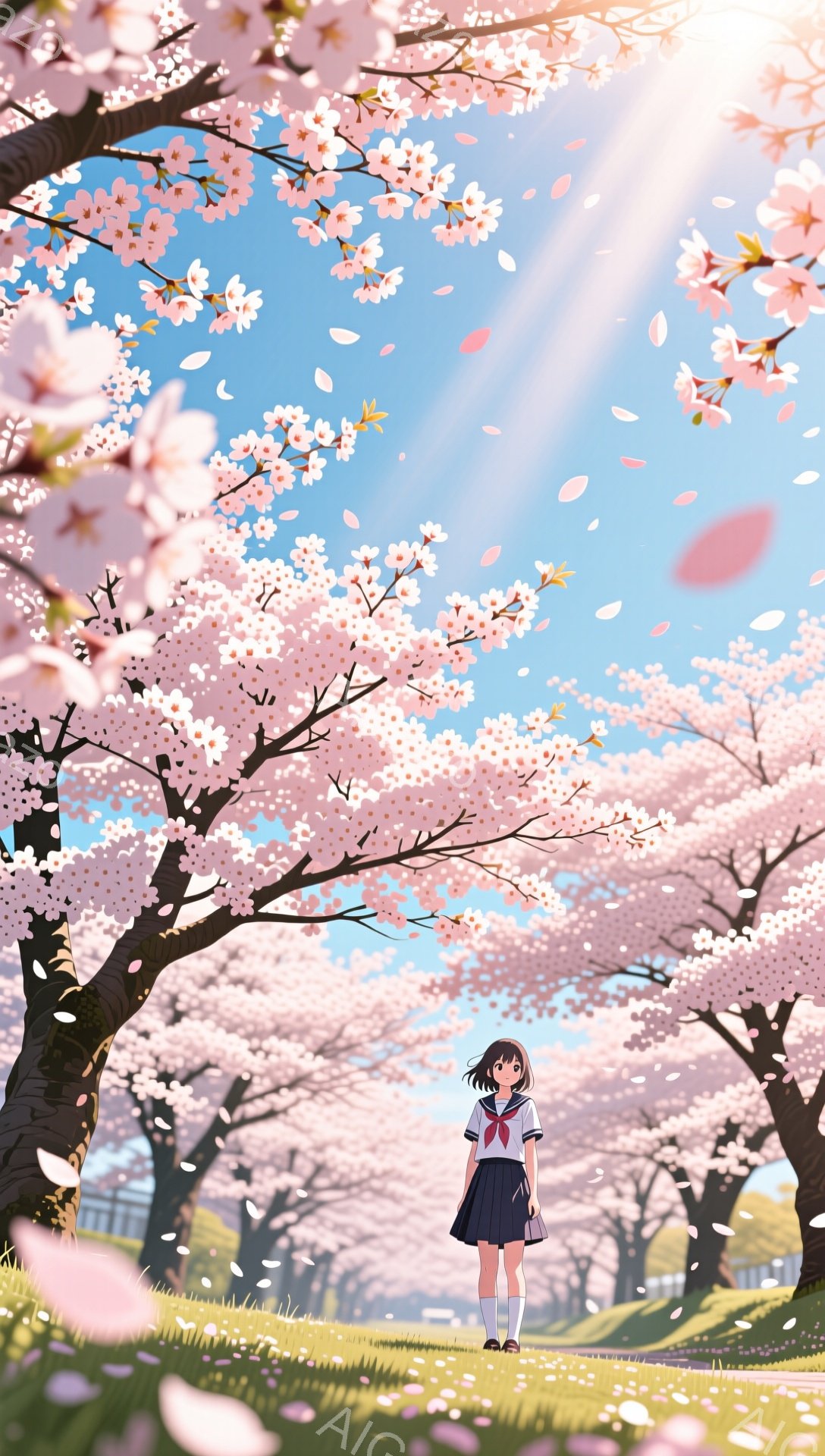 明るい青空の下、桜並木の中を少女が一人歩いている。紺色のセーラー服に赤いリボン、黒い靴下とローファーという制服姿で、肩にかかる長さの黒髪はストレートに伸び、少し微笑んでいるような表情をしている。桜の花 - AI生成フリー素材