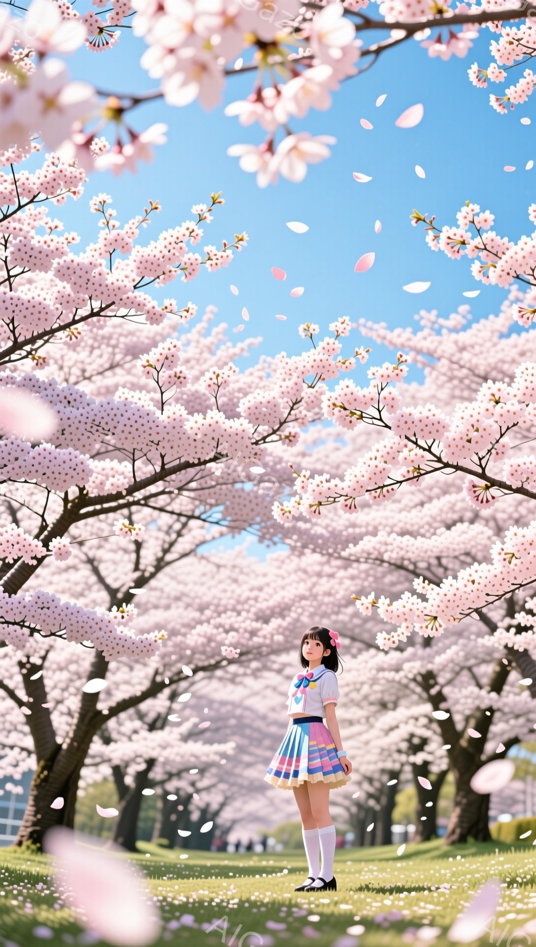 明るい青空の下、桜並木の中を少女が立っている。彼女はセーラー服にカラフルなスカートを合わせ、黒い靴を履いている。少し上目遣いで何かを見つめているようで、表情は穏やかで春らしい雰囲気を醸し出している。 - AI生成フリー素材