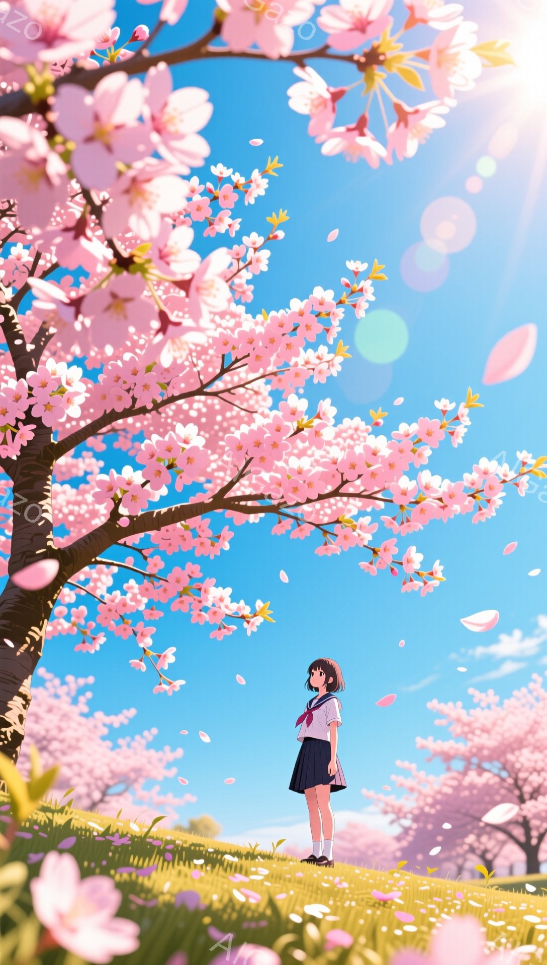 画像には、桜が満開の緑の丘の上に立つ女子高生が描かれています。彼女はセーラー服を着ており、黒髪を後ろでポニーテールに結んでいます。背景には、鮮やかな青空と、舞い散る桜の花びらが広がっており、春の暖かく穏やかな雰囲気が漂っています。