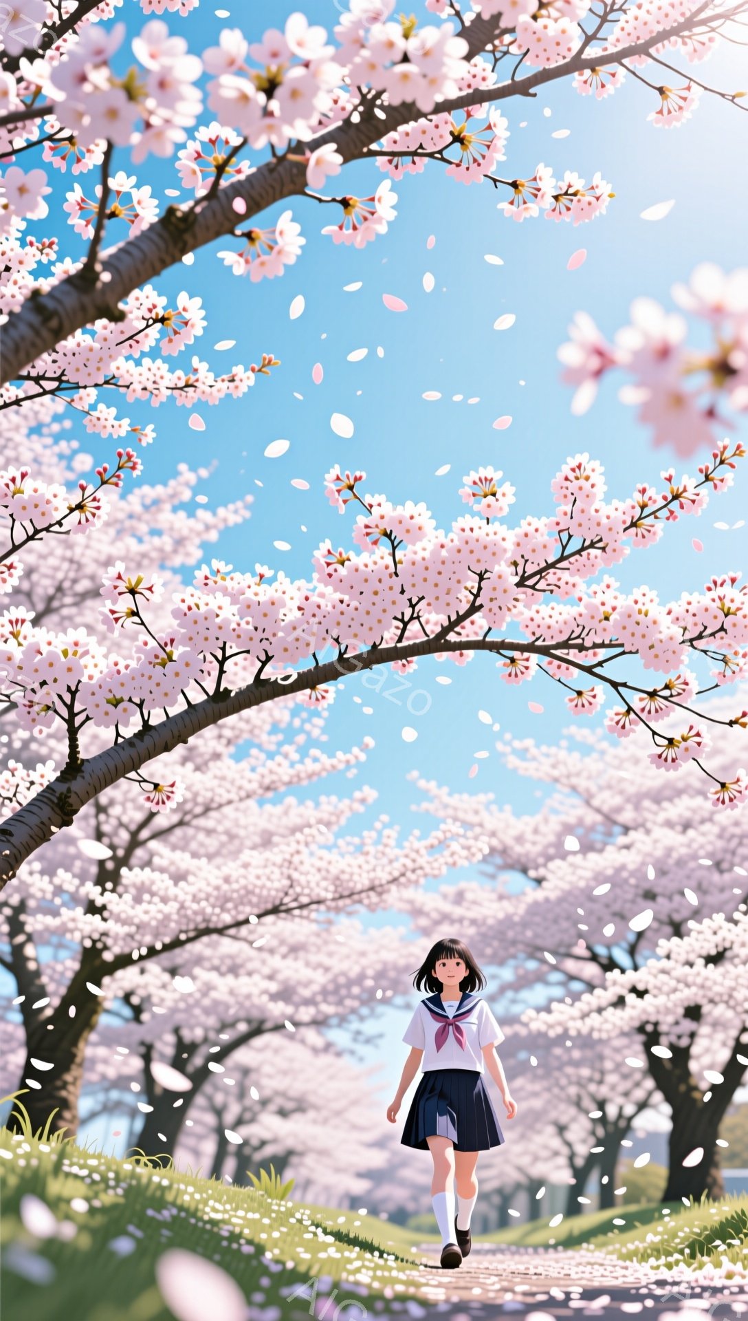 短い黒髪の少女が、桜並木の道を歩いている。制服姿で、白いブラウス、濃い青色のスカート、赤いリボンが特徴的だ。桜の花びらが舞い散る明るい晴天の下、希望に満ちた春の雰囲気が漂っている。 - AI生成フリー素材
