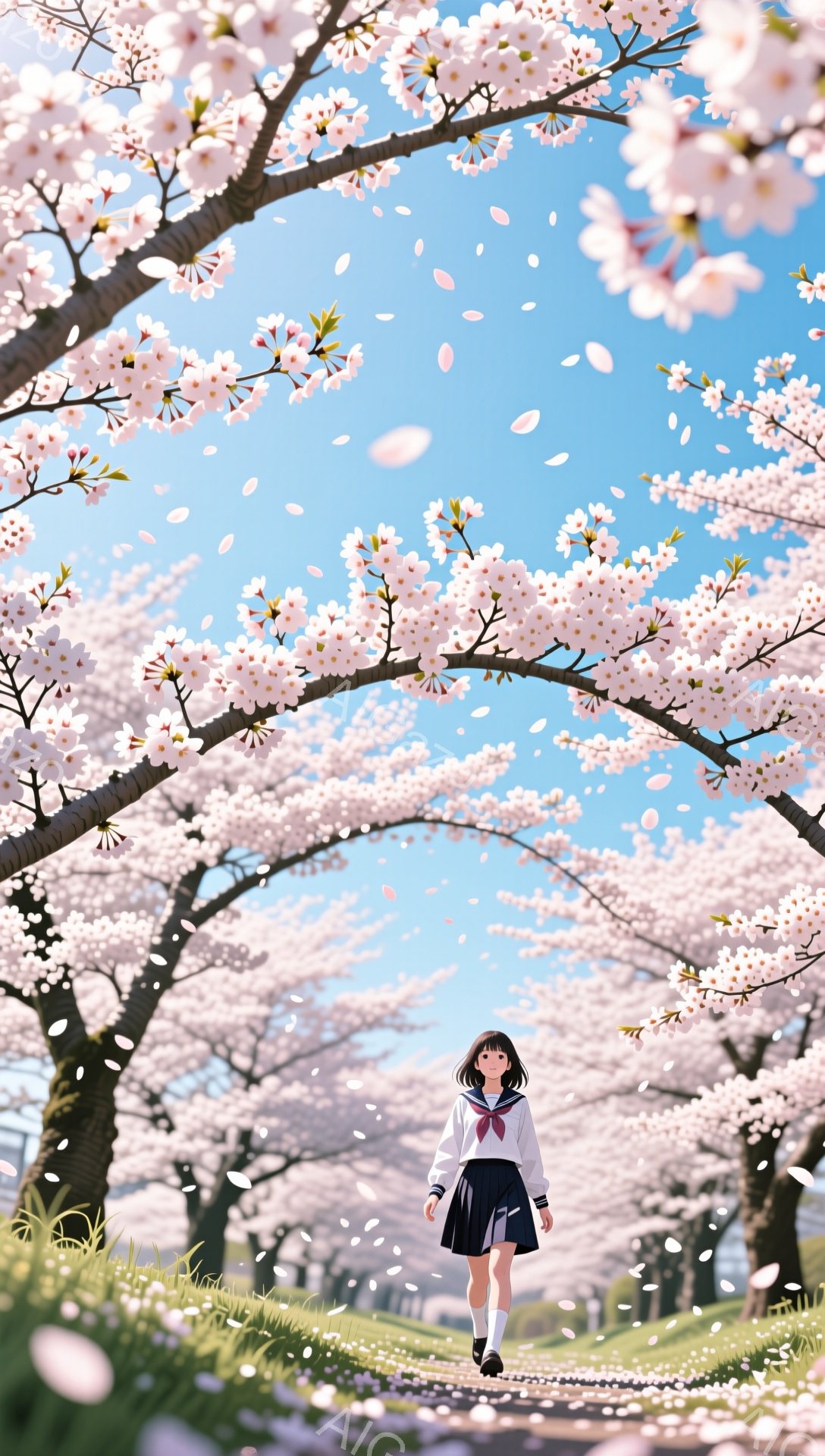 画像には、桜並木の中を歩く女子高生が描かれています。彼女はセーラー服を着ており、黒髪のロングヘアをしています。桜の花びらが舞い散る春の晴れた日であり、背景には青空と桜の木々が広がっており、穏やかで希望に満ちた雰囲気が漂っています。