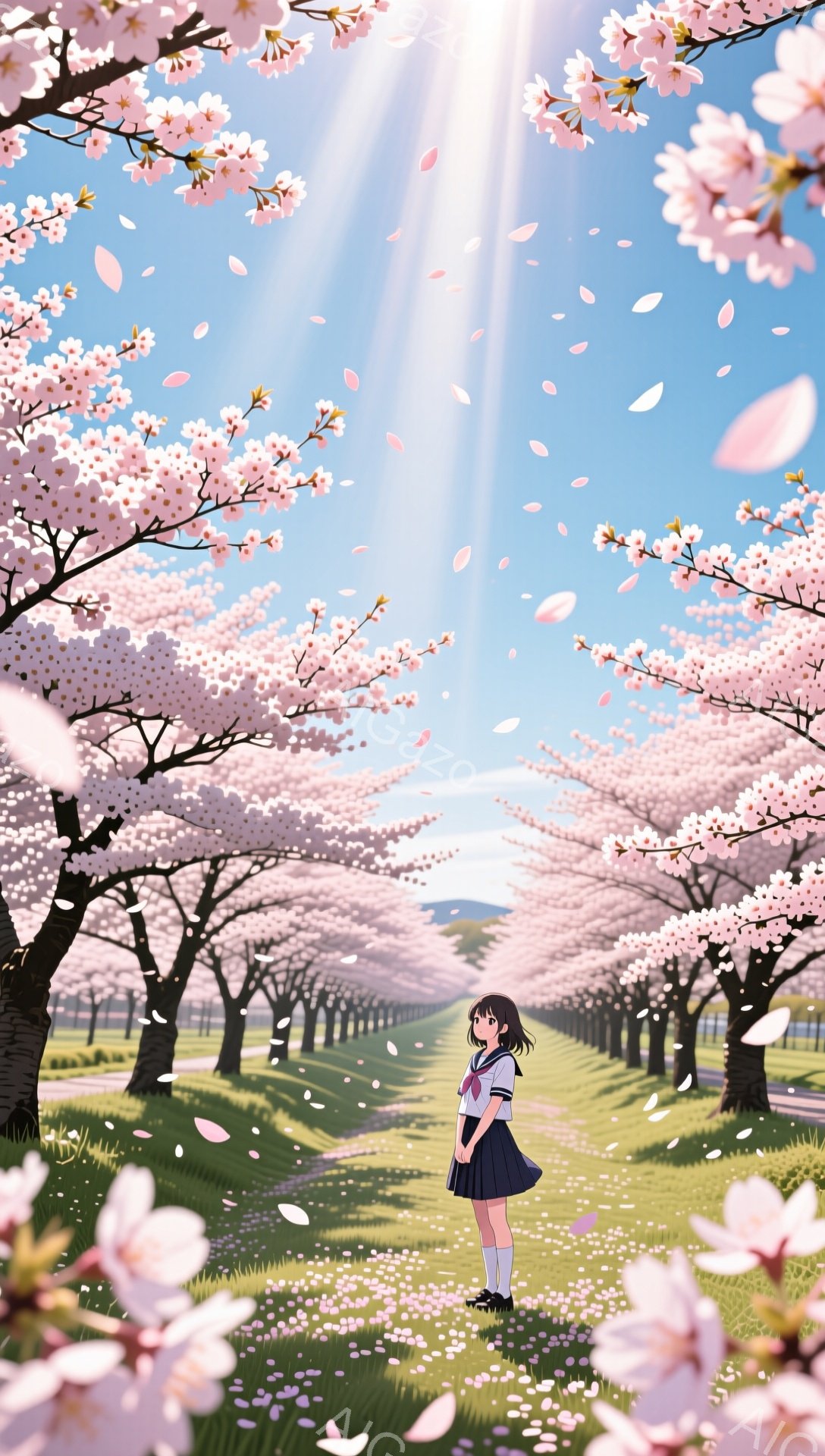 少女は、桜並木の中を一人歩いています。紺色のリボンとブレザー、白いスカートの制服を着ており、黒い靴を履いています。空は晴れ、太陽の光が桜の花びらと共に降り注ぎ、春の暖かく、穏やかな雰囲気を醸し出してい - AI生成フリー素材