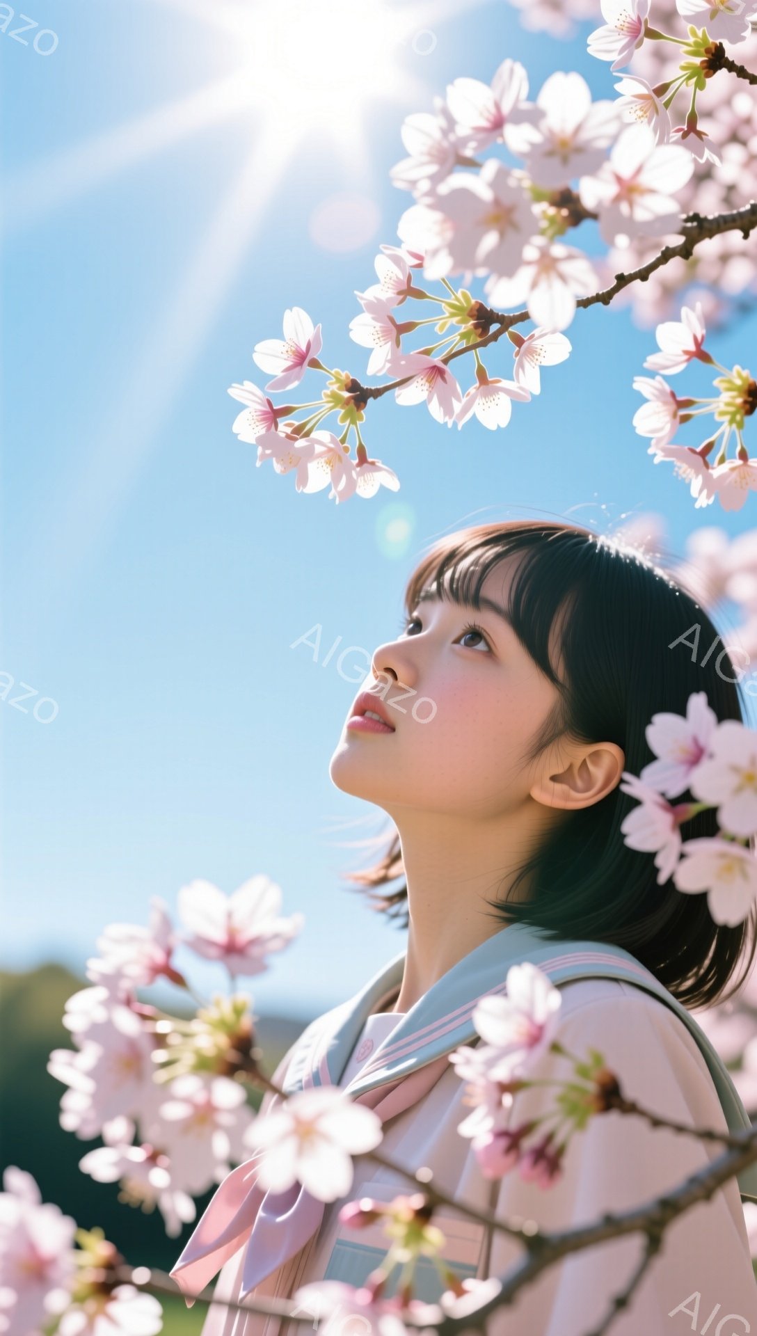 黒髪のボブヘアに制服姿の若い女性が、ピンク色の桜の花を見上げています。彼女は少し微笑み、希望に満ちた表情をしています。背景には青空が広がり、桜並木が咲き誇り、春の暖かく穏やかな雰囲気が漂っています。
