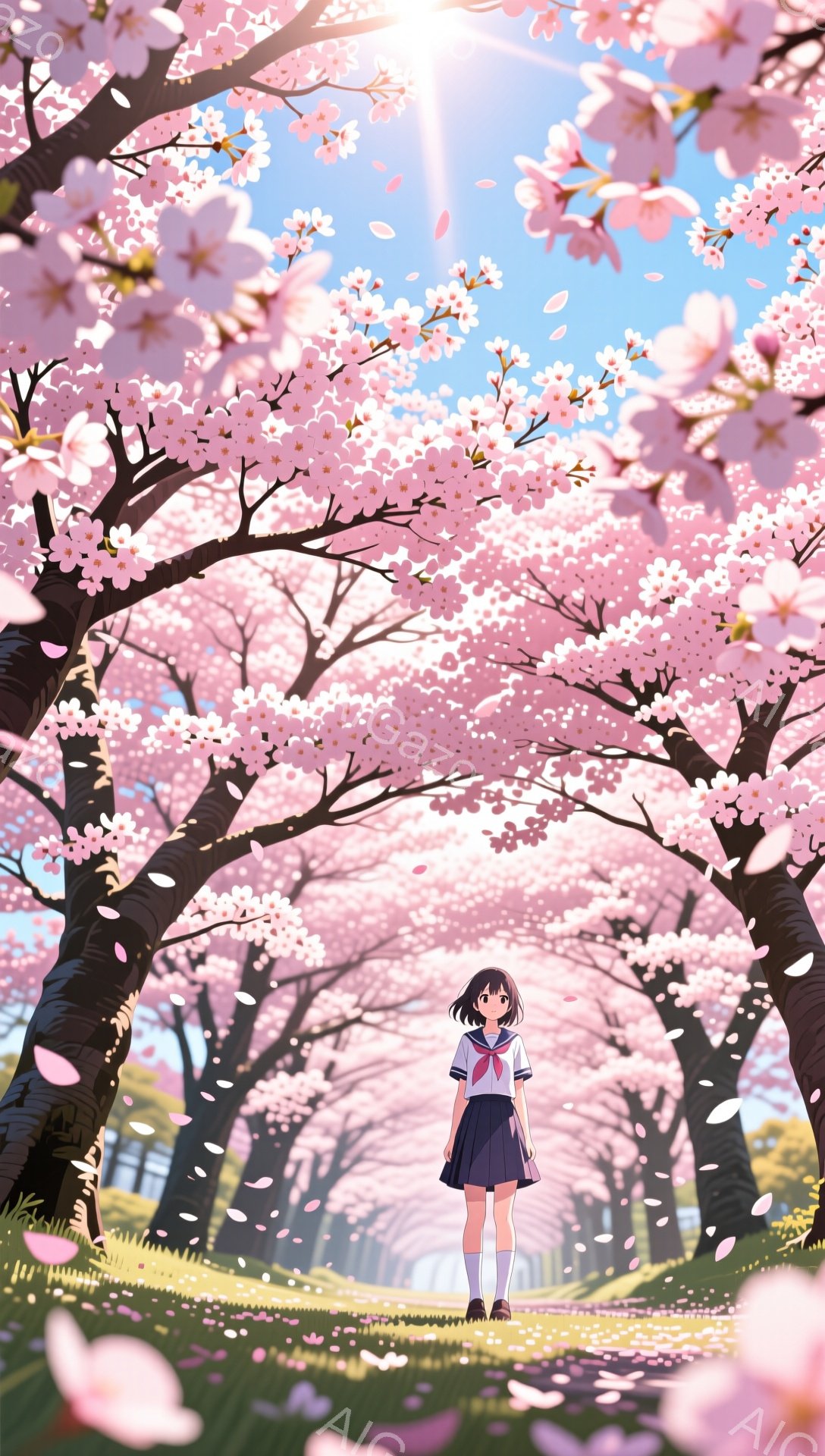 短い黒髪にリボンをつけた少女が、桜並木の中を歩いている。紺色のセーラー服と白いスカート、白いソックスと茶色の靴を履いており、少し恥ずかしそうな表情をしている。背景には、満開の桜が咲き誇り、桜の花びらが - AI生成フリー素材