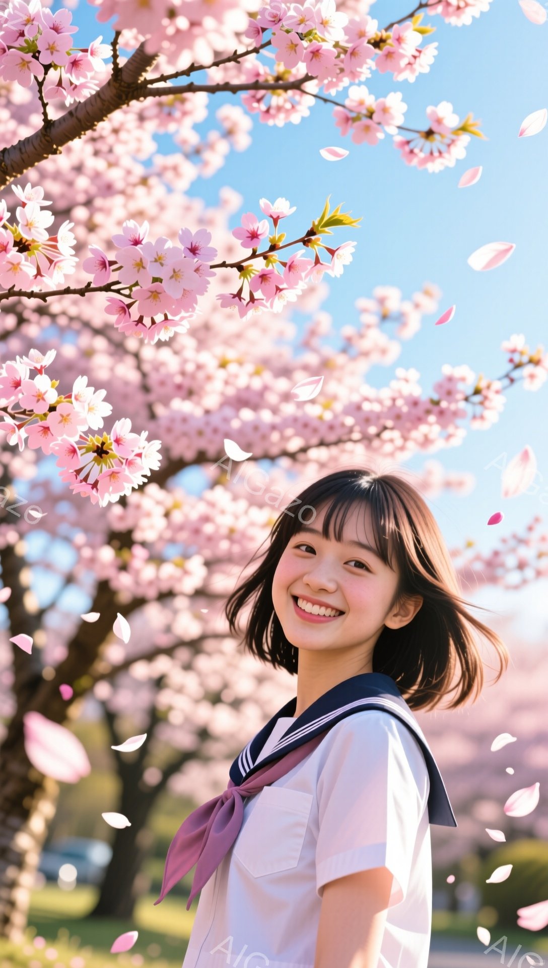 彼女は短いダークブラウンのヘアスタイルで、前髪を少し斜めに流しています。 制服姿で、ピンク色のネクタイと紺色のセーラーカラーが印象的です。 満開の桜並木の下で、彼女は笑顔でカメラを見つめ、優雅で春らしい雰囲気を醸し出しています。