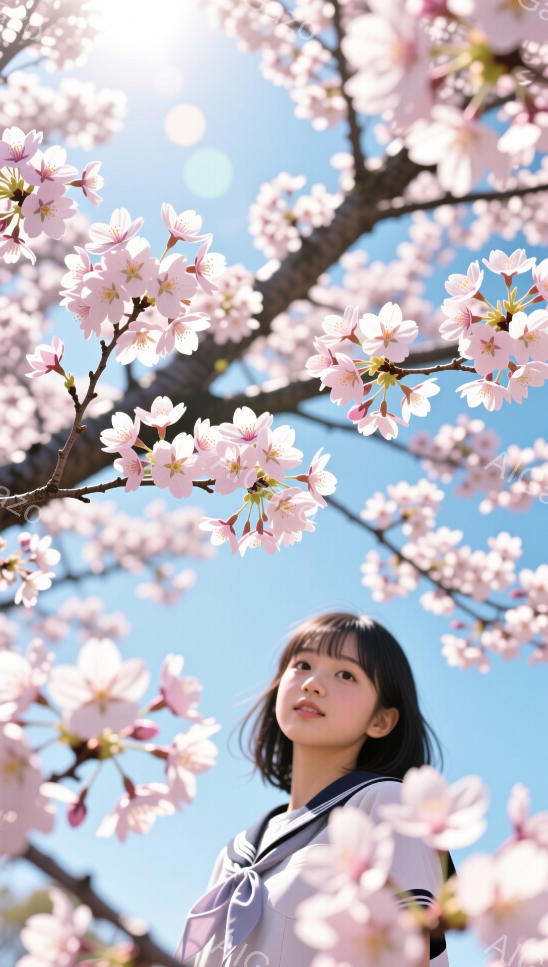 短い黒髪の少女が桜の木の下に立っており、制服を着ています。彼女は少し上を見上げており、穏やかな表情を浮かべています。背景は満開の桜の花で、青空が広がり、春の暖かな雰囲気を醸し出しています。 - AI生成フリー素材