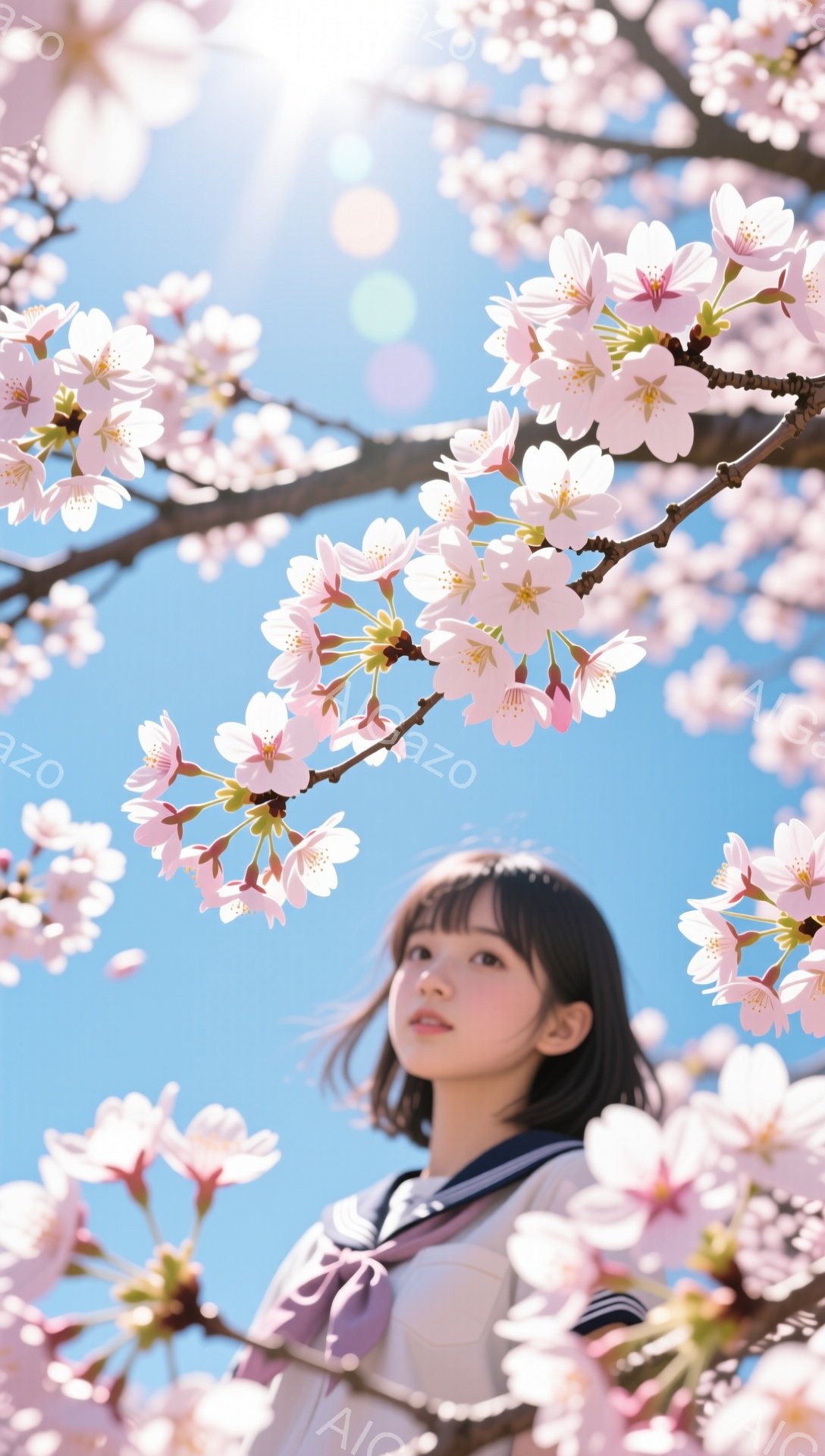 明るい青空の下、桜の花びらが舞い散る中、セーラー服姿の若い女性が写っている。彼女は前髪を下ろした黒髪で、少し上目遣い、物憂げな表情を浮かべている。背景は満開の桜で、春の暖かさと儚さを感じさせる美しい光 - AI生成フリー素材