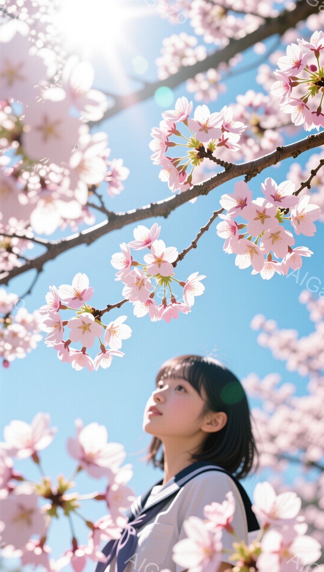 制服姿の若い女性が、満開の桜並木の道を上を見上げて立っている。彼女は黒髪のボブカットで、少し微笑んでいる表情からは、春の暖かさと希望を感じさせる。背景は青空と桜の花で埋め尽くされており、日差しが差し込 - AI生成フリー素材