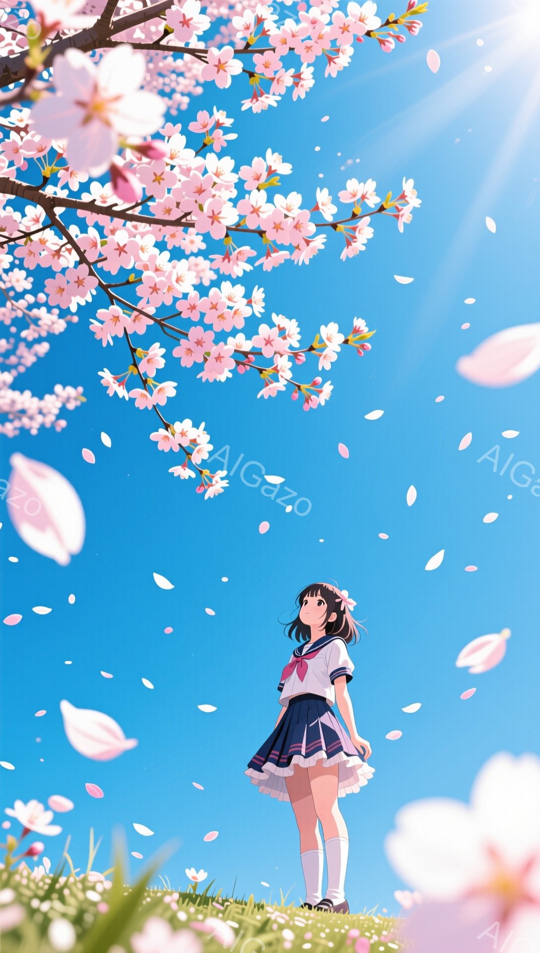 明るい青空の下、桜の木の下に立つ女子高生が描かれています。彼女は紺色のセーラー服に白いソックス、茶色のローファーを履き、黒髪を肩まで伸ばし、前髪はぱっつんカットです。桜の花びらが舞い散る中、少し上を見上げて穏やかな表情を浮かべています。