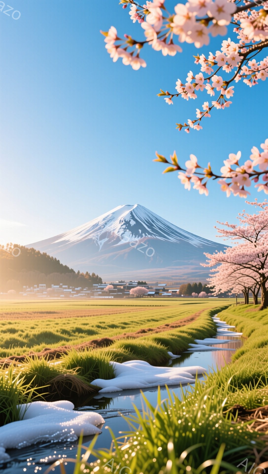 鮮やかな緑の草原に小川が流れ、遠くには雪を抱いた富士山がそびえ立っている。川沿いには桜の木が咲き誇り、ピンク色の花びらが散りばめられた美しい風景が広がっている。穏やかな日差しと桜の彩りで、春の暖かさと - AI生成フリー素材