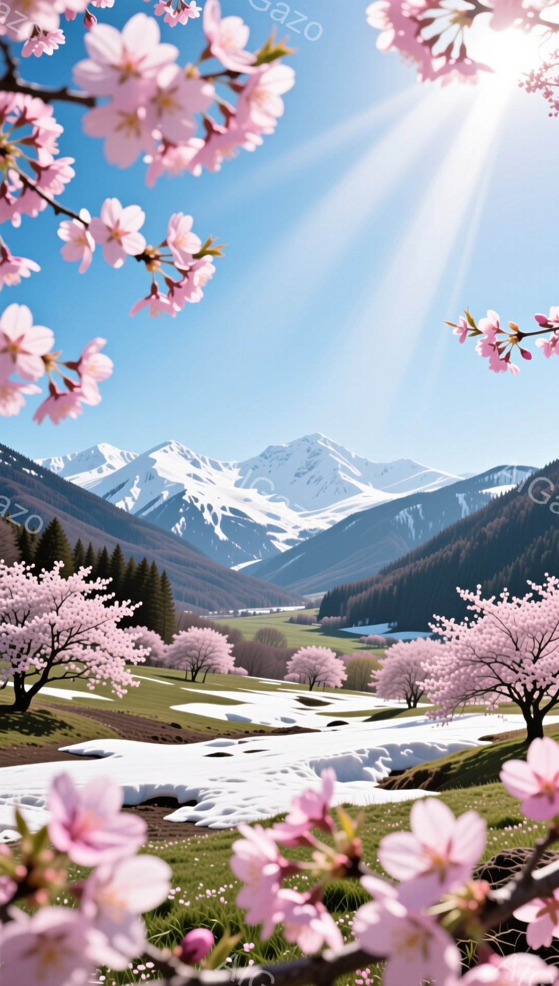 広大な山々と緑の草原が広がる風景で、桜の木々が前景を彩っています。雪を抱いた山々は青空を背景に高くそびえ立ち、草原には桜の木々が点在し、春の暖かさを感じさせます。全体的に穏やかで平和な雰囲気で、春の息 - AI生成フリー素材