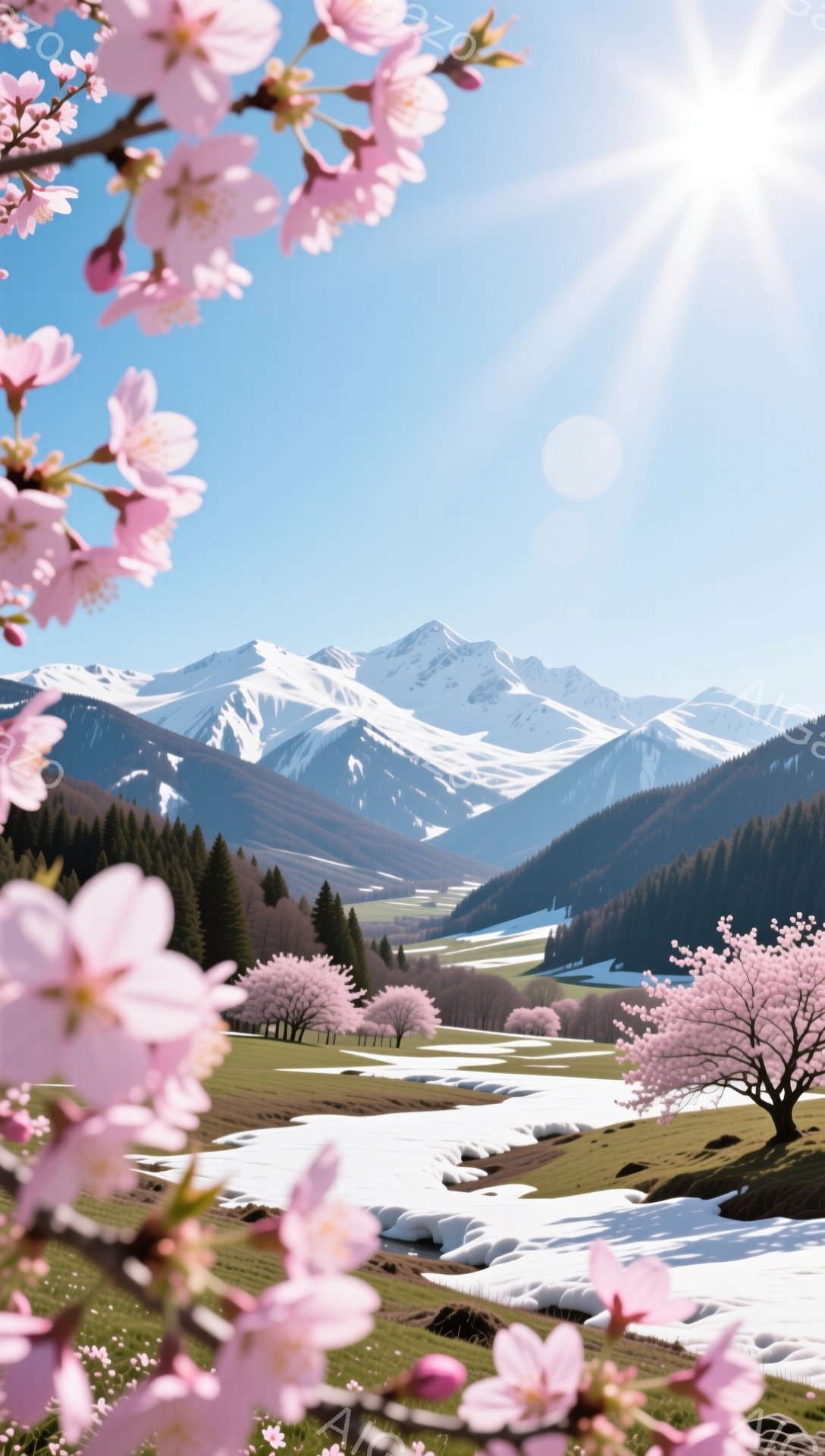 雪を抱く山々を背景に、ピンク色の桜が咲き誇る風景が広がっています。春の訪れを感じさせる暖かな日差しが降り注ぎ、雪解け水が流れる牧歌的な景色が広がります。前景には桜の花びらが舞い、まるで絵画のような幻想 - AI生成フリー素材