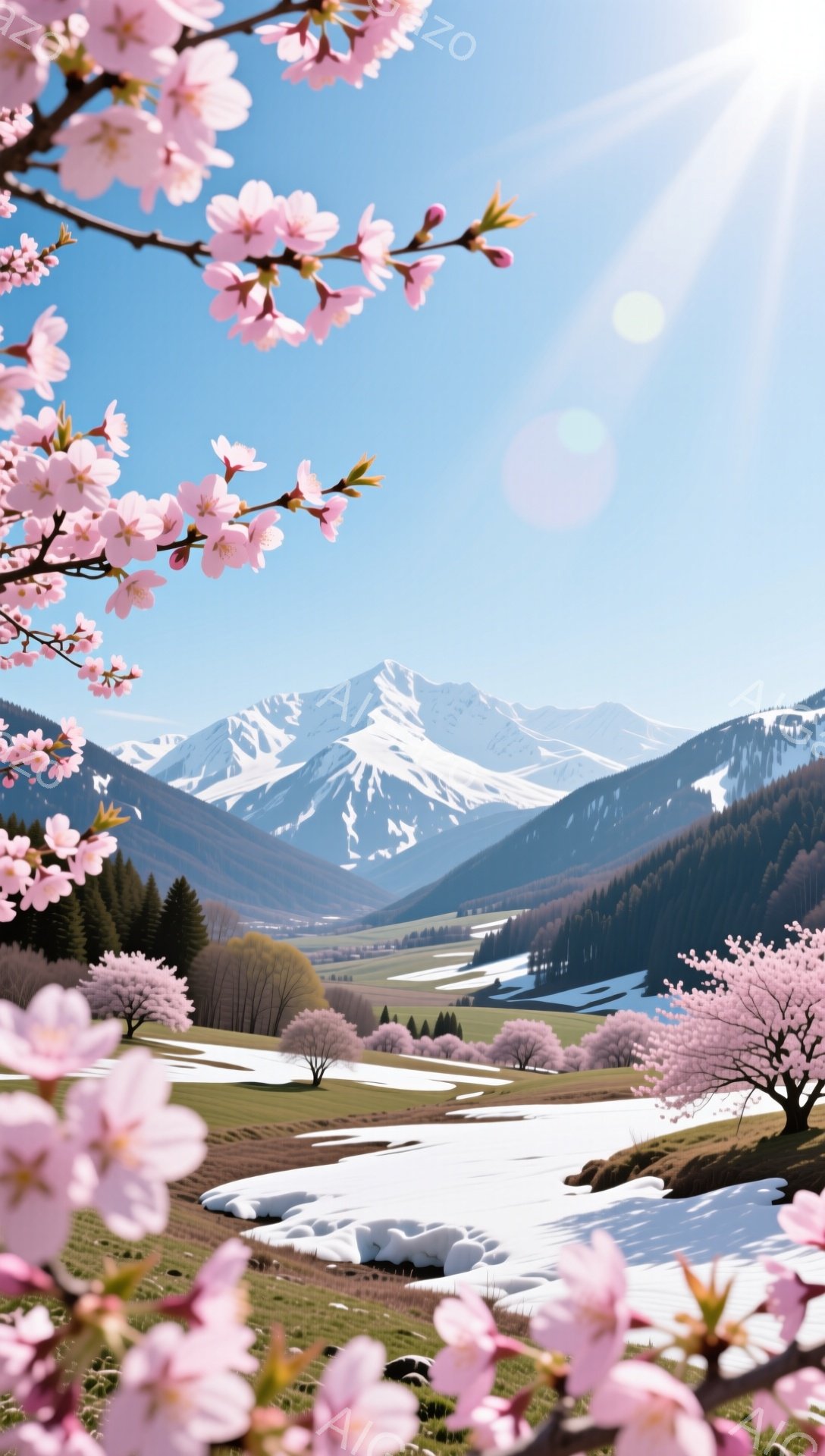 鮮やかな青空の下、雪を抱く山々が広がる風景の中に、桜の花びらが咲き乱れる木々がフレームを彩っています。緑豊かな牧草地と、雪解け水が流れる小川が春の訪れを告げ、遠くには点在する建物が見えます。全体的に、 - AI生成フリー素材