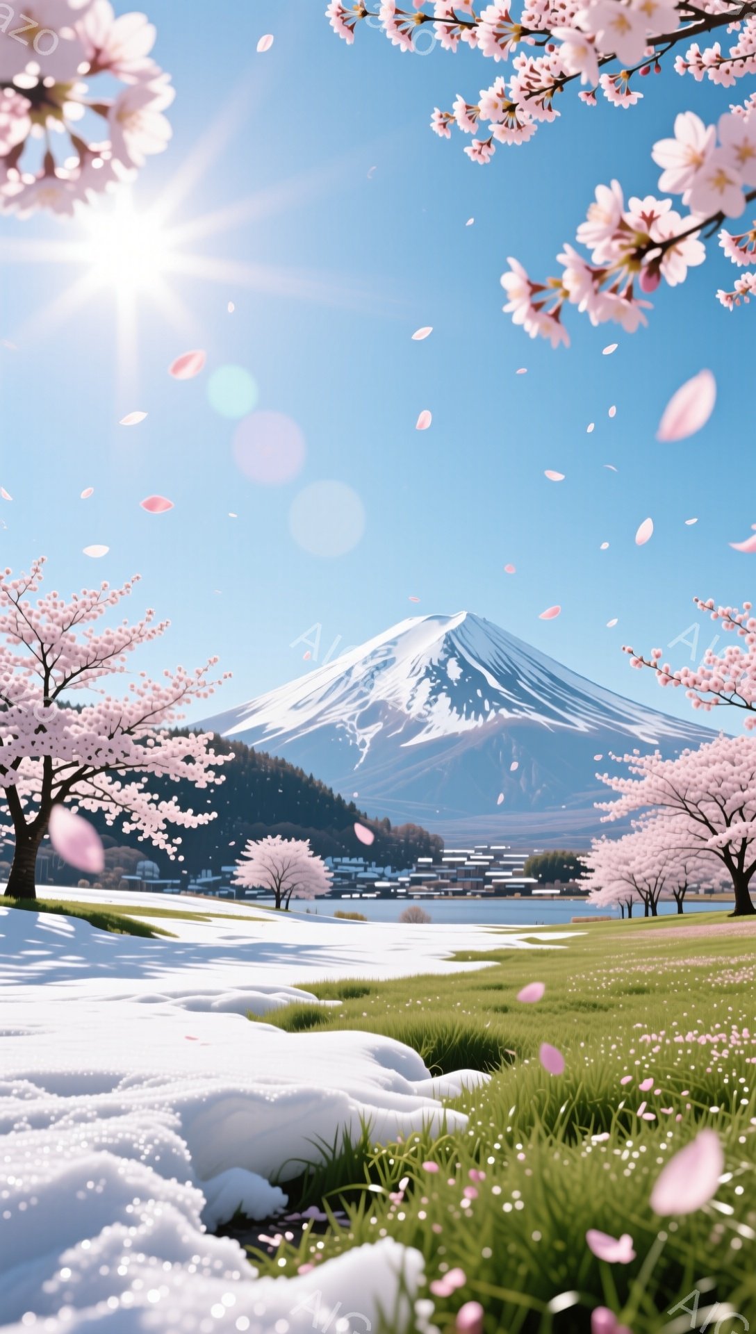 富士山を背景に、桜並木が咲き誇る春の風景です。手前に緑の草地と雪解け水が流れ、桜の花びらが舞い散る様子が描かれています。全体的に穏やかで、春の訪れを感じさせる美しい情景です。 - AI生成フリー素材