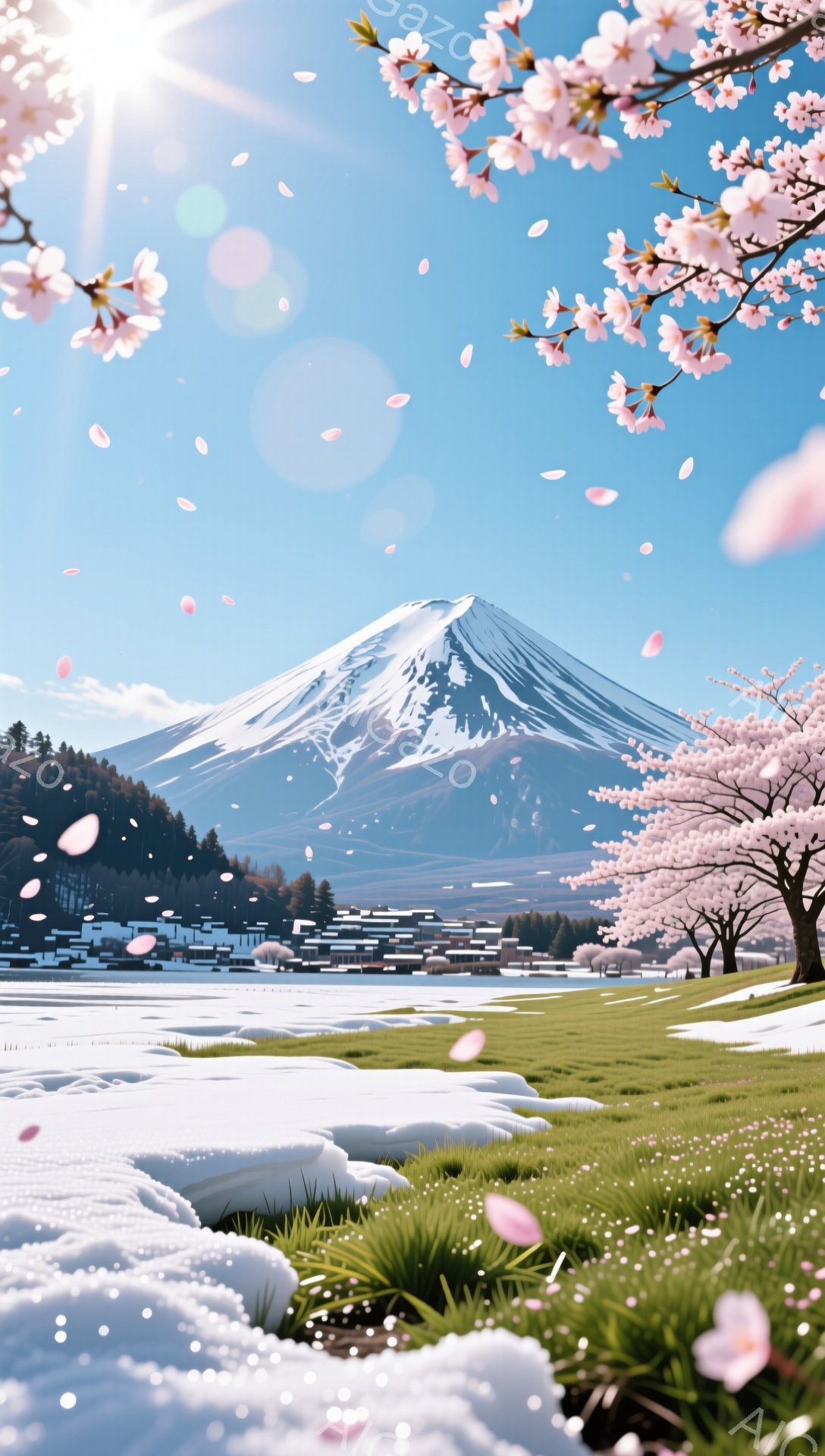 富士山が雪を抱き、その麓にはまだ雪解け水が残る春の風景が広がっています。ピンク色の桜の花びらが舞い、緑の草原と雪の白さがコントラストを描き、穏やかで美しい雰囲気を醸し出しています。遠くには建物が点在し - AI生成フリー素材