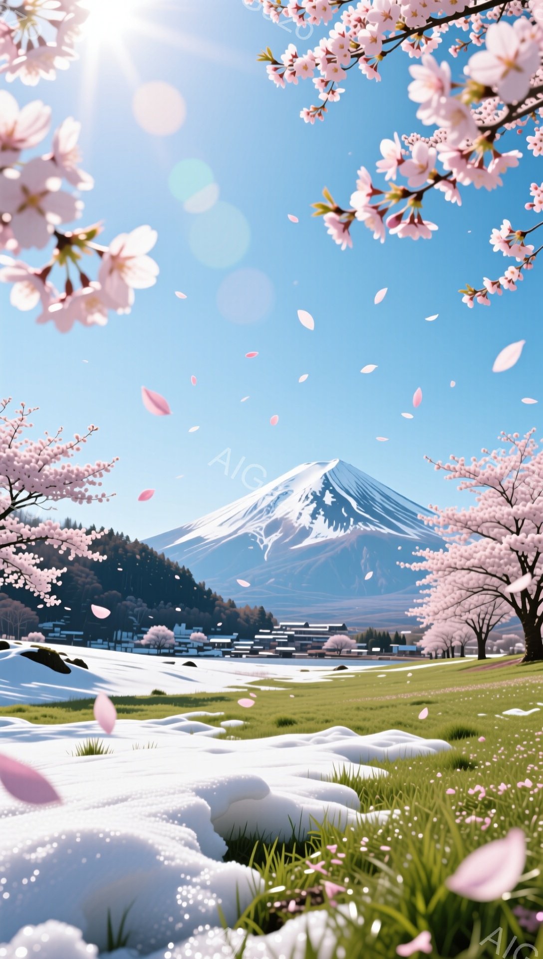 富士山を背景に、桜並木と雪解けの原野が広がる風景です。ピンク色の桜の花びらが舞い、春の訪れを感じさせます。雪の残る地面には緑の草が生え始め、生命力に満ちた穏やかな雰囲気が漂っています。