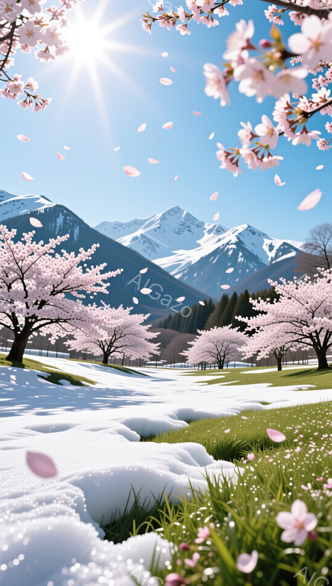雪深い風景の中に、桜並木が咲き誇り、遠くには雪を抱いた山々が連なっている。薄緑の草が雪の中から顔を出し、春の訪れを告げている。空は晴れ渡り、桜の花びらが舞い散る、穏やかで美しい情景である。 - AI生成フリー素材