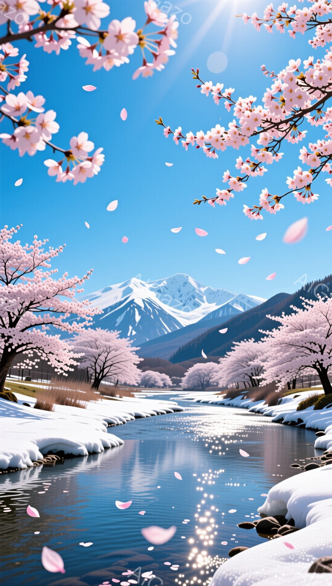 雪を抱く山々を背景に、桜並木が続く川の風景です。桜の花びらが舞い散り、水面にはその影が反射して幻想的な雰囲気を醸し出しています。冬の寒さと春の暖かさが混ざり合い、穏やかで美しい情景が広がっています。 - AI生成フリー素材