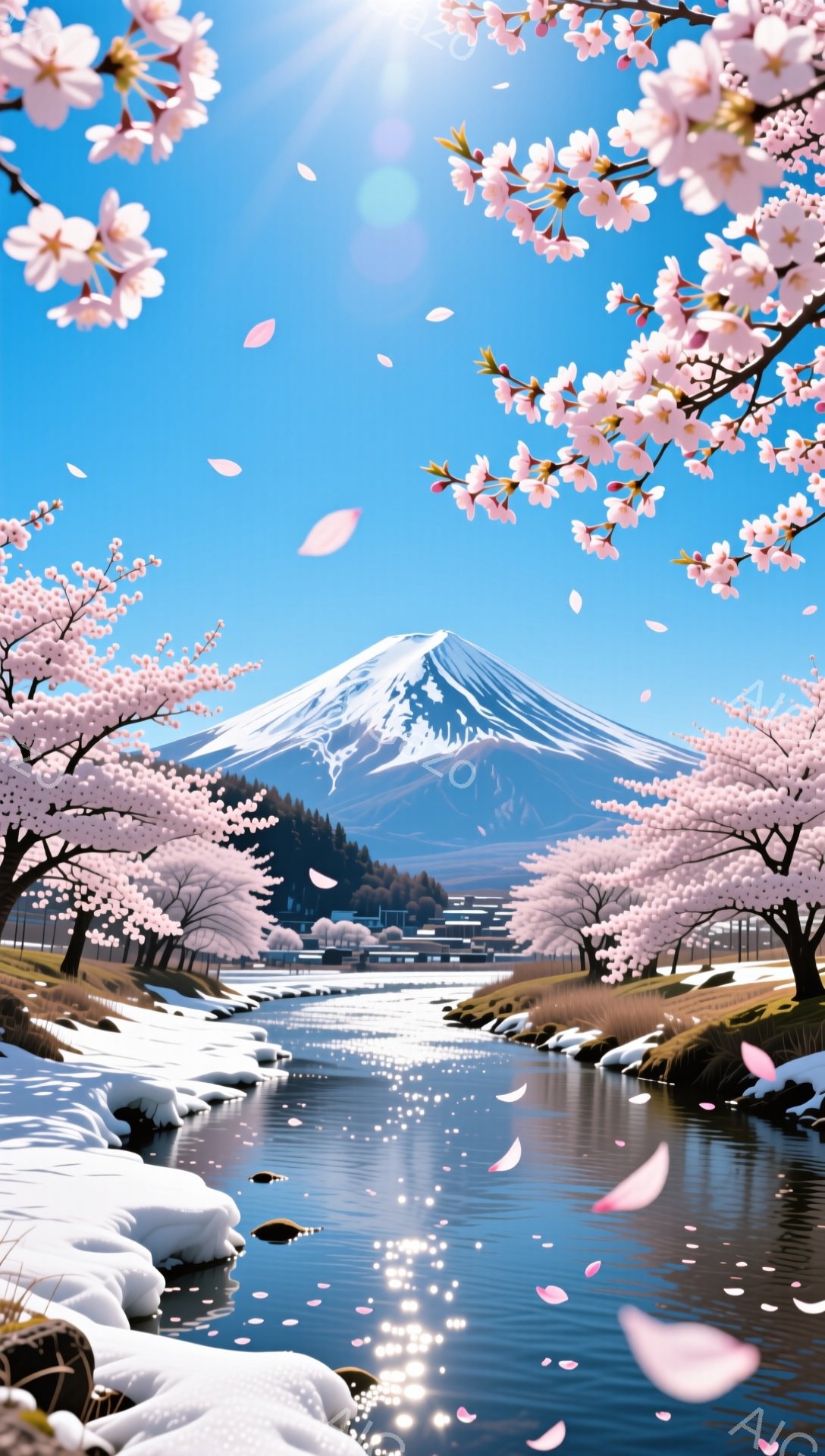 鮮やかな青空の下、雪を抱いた富士山が荘厳な姿を見せています。川には桜の花びらが舞い、岸辺にはピンク色の桜並木が咲き誇り、春の訪れを感じさせます。水面に映る桜と富士山のコントラストが美しく、穏やかで平和 - AI生成フリー素材
