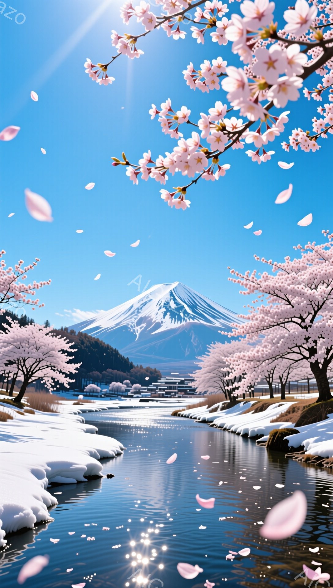 富士山を背景に、雪解け水が流れる川が描かれています。川沿いには桜の木が咲き誇り、花びらが舞い散っています。冬の澄んだ空気と桜の暖かさが混ざり合い、穏やかで美しい春の訪れを告げる情景です。 - AI生成フリー素材