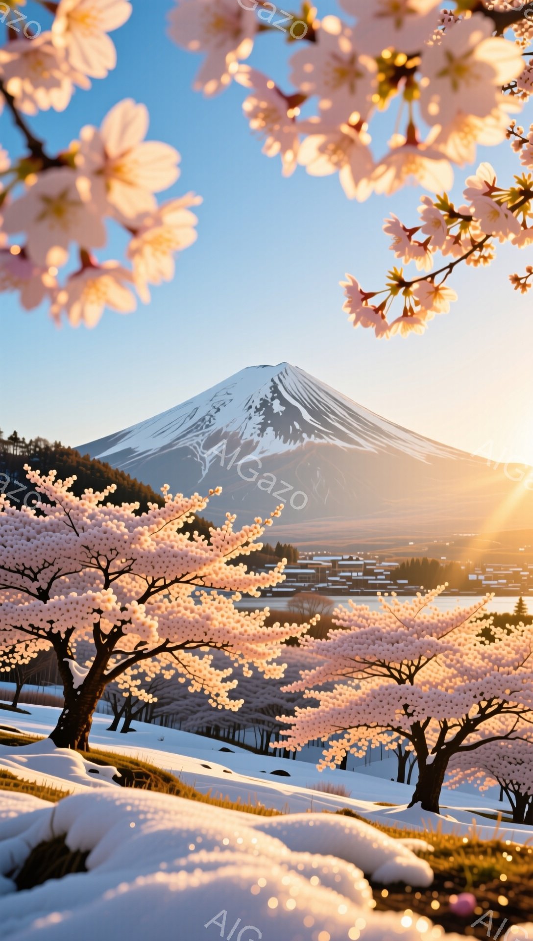 富士山の雄大な姿が背景に広がり、手前に桜並木が咲き誇る雪景色です。淡いピンク色の桜の花が咲き乱れ、雪原とのコントラストが美しい春の情景を表現しています。空は晴れ、朝日が桜の花びらを照らし、穏やかで希望 - AI生成フリー素材