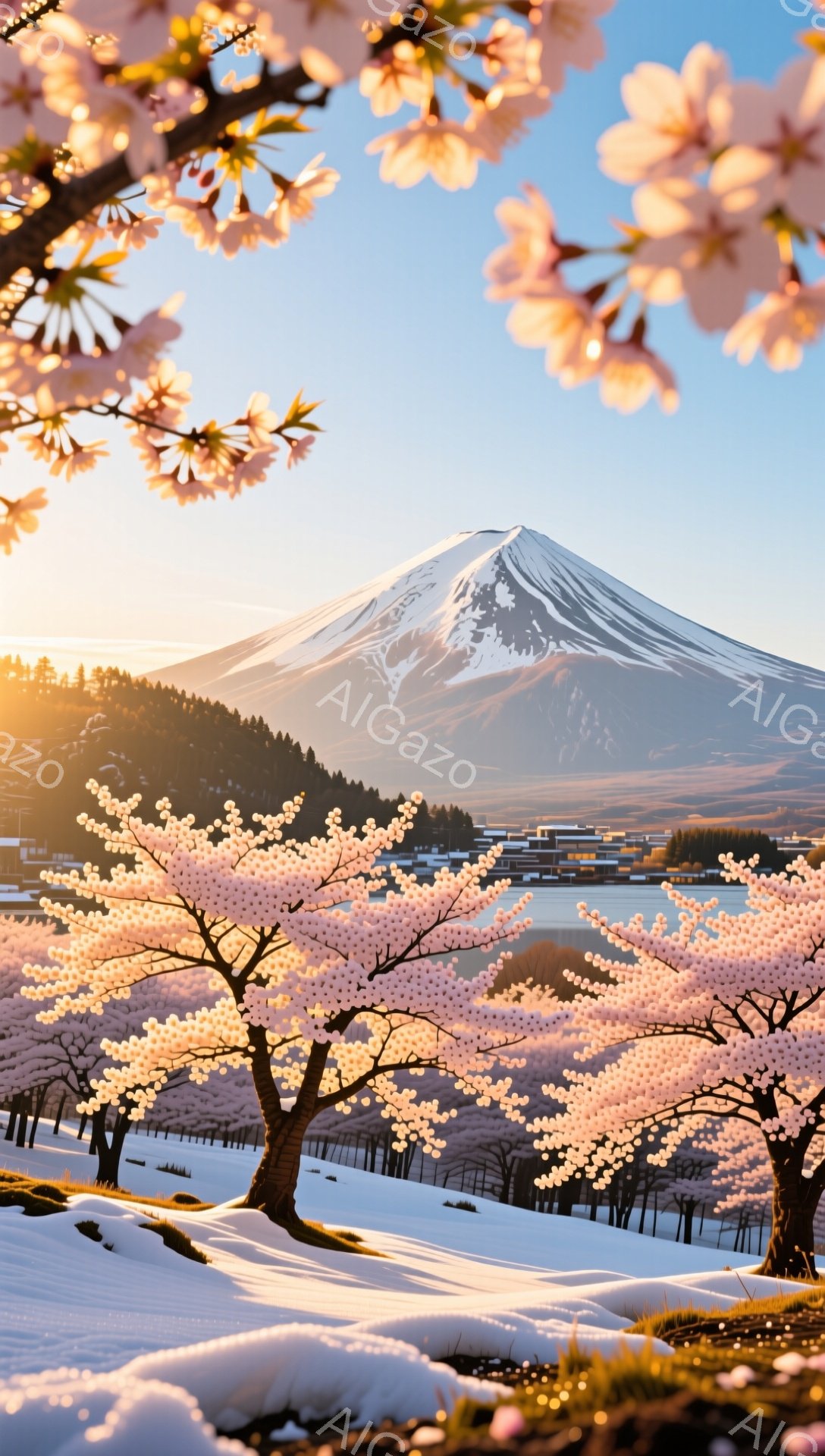 富士山を背景に、雪景色の中にピンク色の桜の木々が咲き乱れている美しい風景です。木々はまだ雪に覆われた地面から生え、暖かな日差しと桜のコントラストが春の訪れを感じさせます。背景には、穏やかな湖と、遠くに - AI生成フリー素材