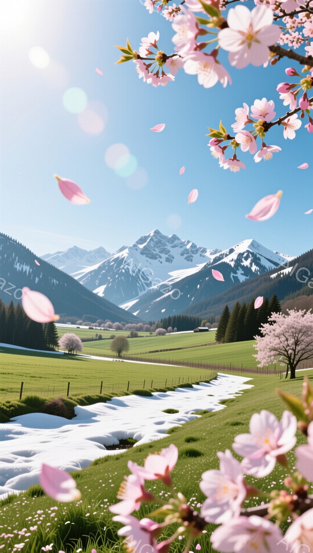 広大な緑の牧草地が広がり、遠くには雪を頂いた山々が連なる風景です。桜の花びらが舞い散り、春の暖かさと穏やかな雰囲気を醸し出しています。牧草地には、点在する木々と、雪解け水が流れる小川が見られ、自然の美 - AI生成フリー素材