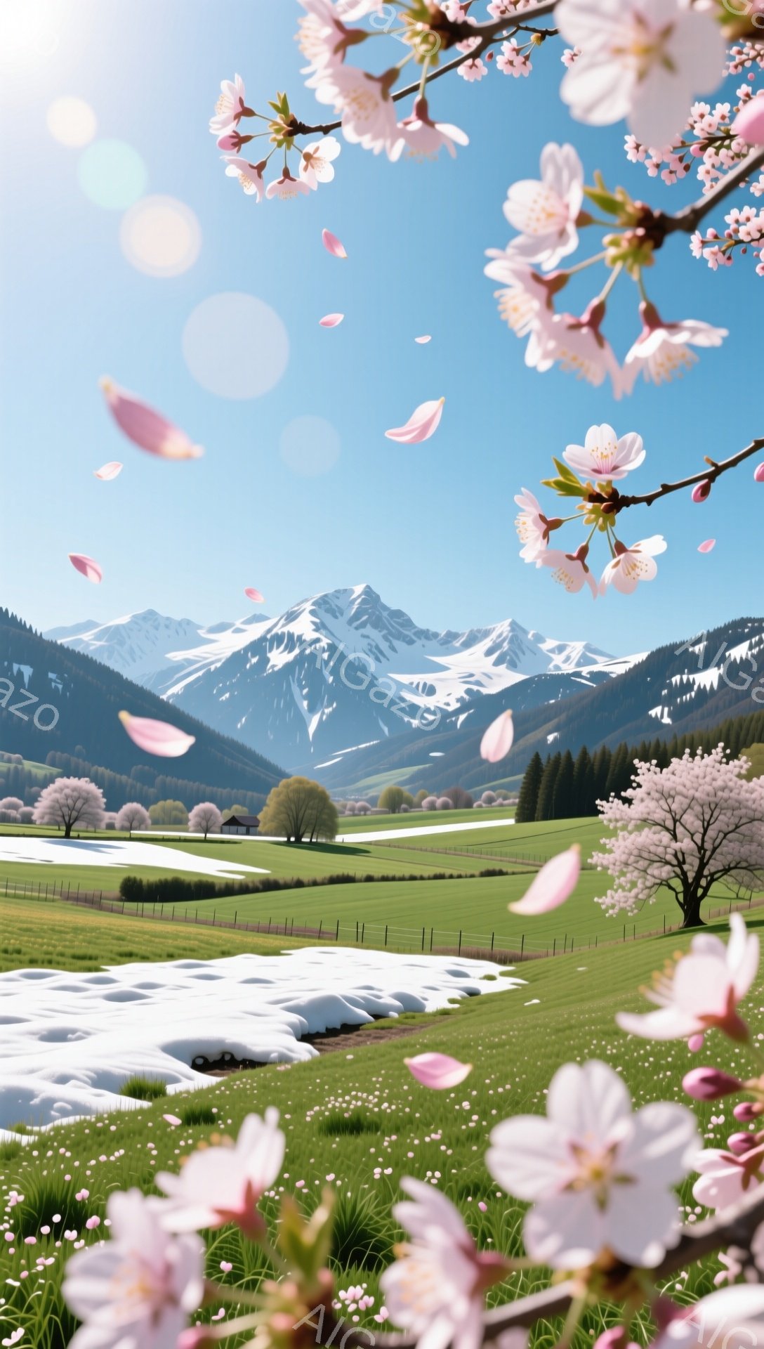 広大な緑の草原が広がり、遠くには雪を抱いた山々がそびえ立っています。桜の花びらが舞い散り、春の訪れを感じさせる暖かい日差しが降り注いでいます。牧歌的な風景の中に、点在する家々が穏やかな雰囲気を醸し出し - AI生成フリー素材