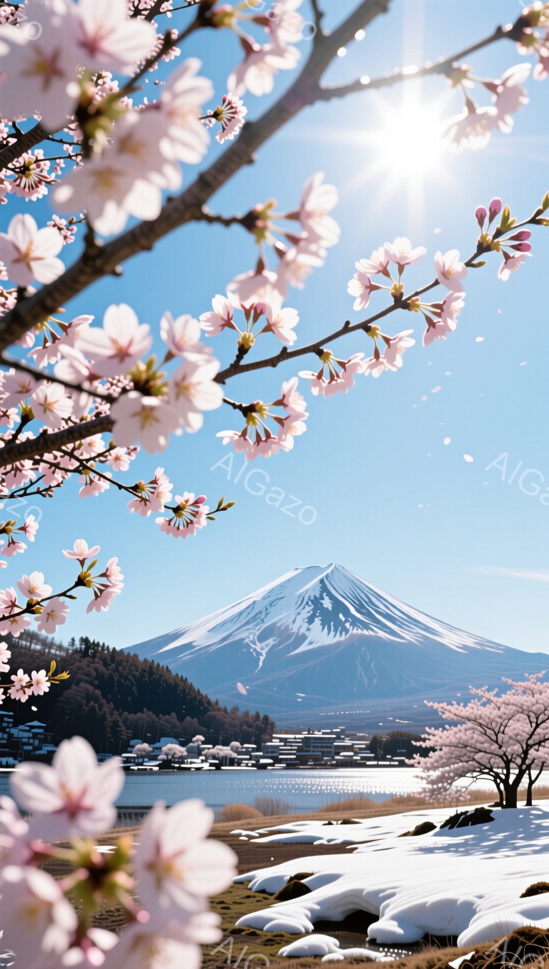 富士山を背景に、桜が咲き乱れる春の風景が広がっている。手前に咲き誇る桜の花びらが、視線を奥へと誘い、雪を抱いた富士山の壮大な姿が目に飛び込んでくる。穏やかな春の陽光が降り注ぎ、雪原と桜のコントラストが - AI生成フリー素材