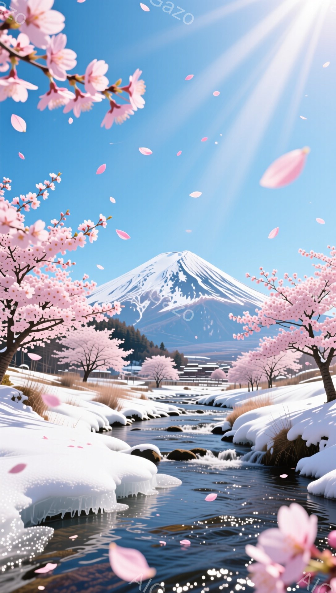 雪深い冬の風景が描かれています。富士山が遠くに見え、川の両岸には桜が咲き誇り、散り始めた花びらが舞っています。静かで穏やかな雰囲気で、春の訪れを感じさせる美しい光景です。