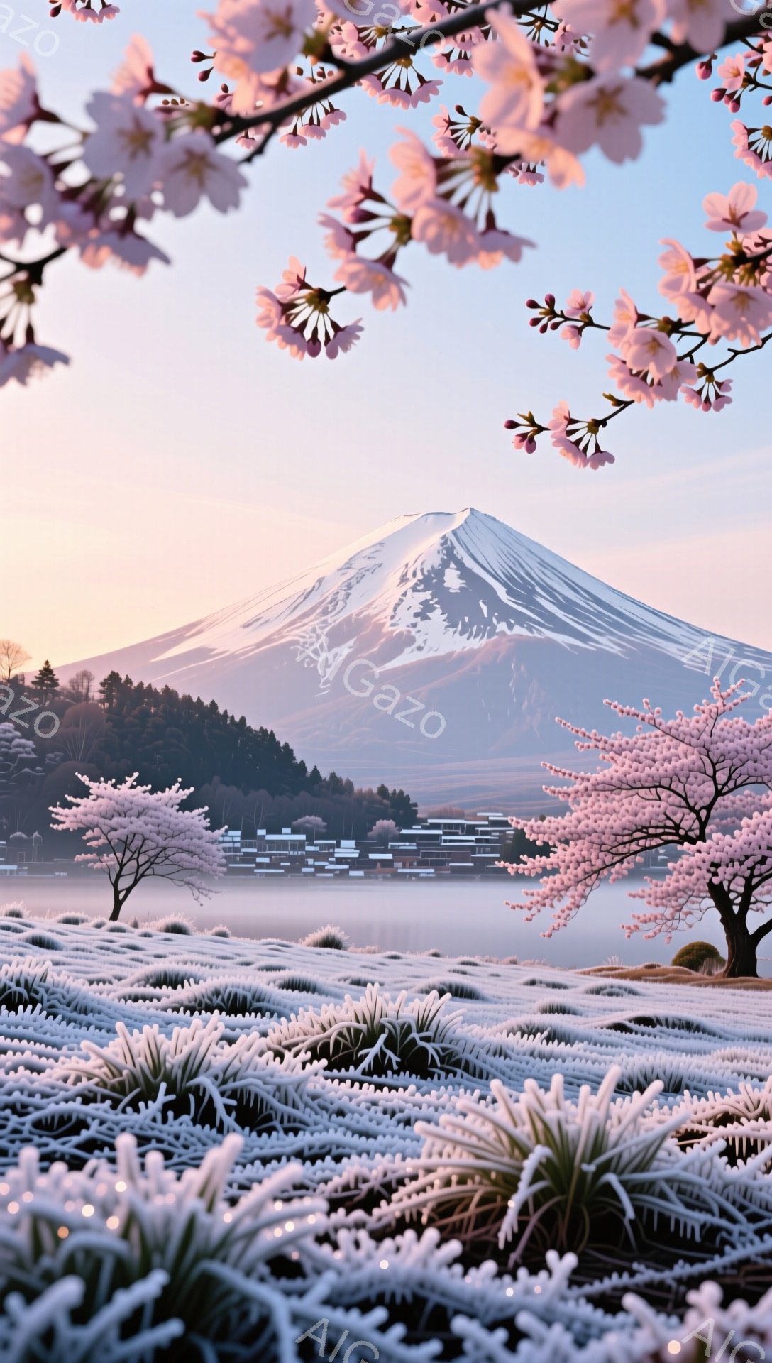 富士山が背景にそびえ立ち、湖面にその姿を映し出している穏やかな風景です。手前に広がる白く輝く草むらは、まるで雪景色のように見え、早春の息吹を感じさせます。桜の枝が前景を彩り、ピンク色の花びらが優雅に画 - AI生成フリー素材