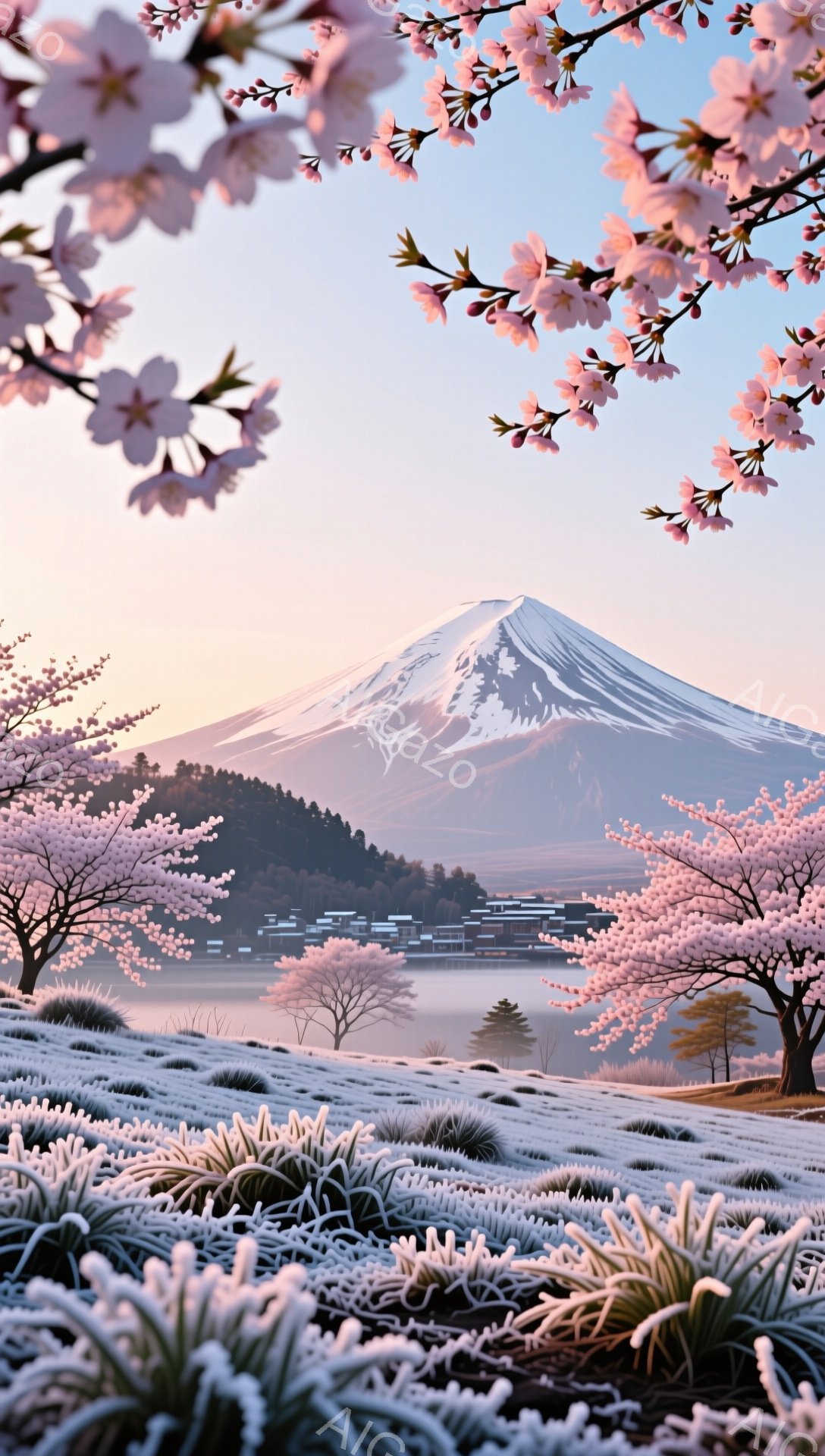 富士山が背景にそびえ立ち、麓には薄霧が立ち込める美しい風景です。手前にピンク色の桜が咲き乱れ、春の訪れを感じさせます。全体的に穏やかで、幻想的な雰囲気が漂っています。 - AI生成フリー素材
