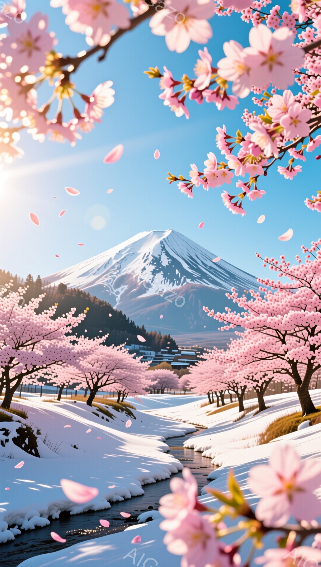 遠くに見える雪を頂いた富士山を背景に、桜並木が続く風景です。川は雪に覆われ、桜の花びらが舞い散る様子が春の訪れを告げています。全体的に明るく穏やかな雰囲気で、日本の春の美しい自然を表しています。 - AI生成フリー素材