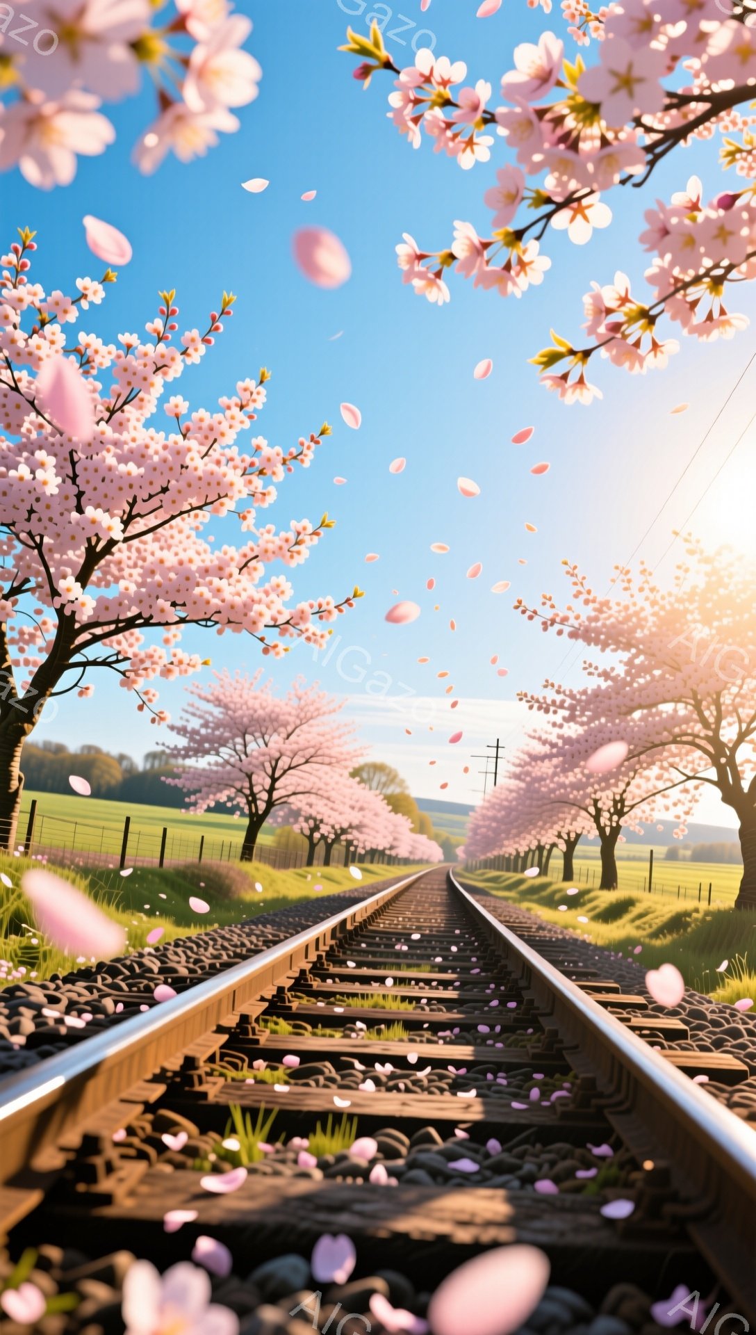 鉄道線路が桜並木の中をまっすぐに伸びており、舞い散る桜の花びらが幻想的な光景を作り出している。青空と緑の牧草地が広がり、春の穏やかさと希望に満ちた雰囲気が感じられる。線路には桜の花びらが散りばめられ、 - AI生成フリー素材