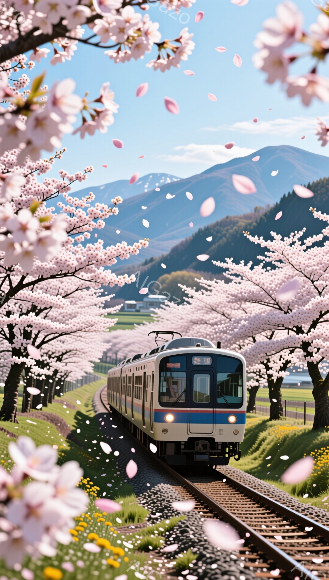 桜並木の中を電車が走っている風景です。線路の両側には満開の桜が咲き乱れ、花びらが舞い散っています。遠くには緑豊かな山々が連なり、穏やかで春らしい雰囲気が漂っています。 - AI生成フリー素材