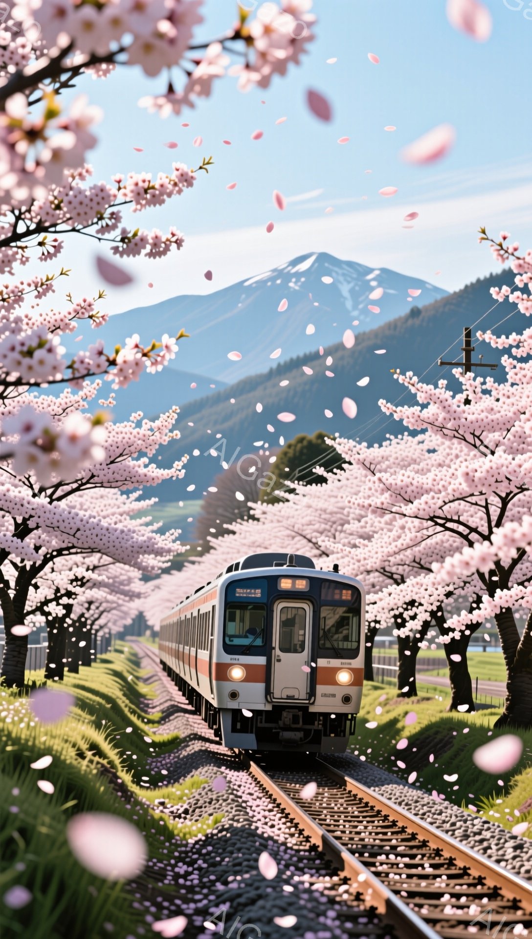 桜並木の中を電車が走っている風景です。満開の桜の花びらが舞い散り、鉄道線路を埋め尽くしています。遠くには山々と青空が広がり、春の穏やかで美しい雰囲気が漂っています。 - AI生成フリー素材